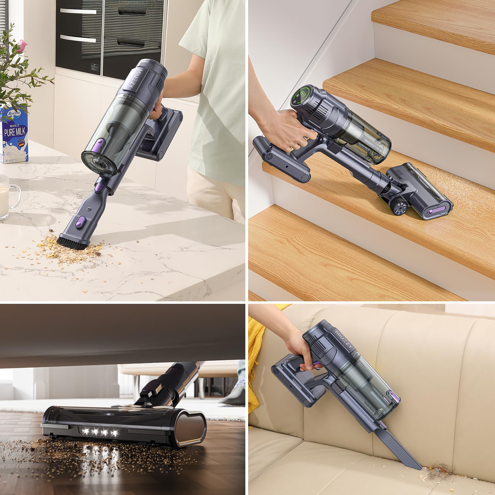 MIUZZY Cordless Vacuum Cleaner, 25Kpa Brushless Vacuum Cleaner with Touch Screen, Up to 50 Mins Runtime, Lightweight Vacuum for Carpet, Home Hardwood Floor and Pet Hair