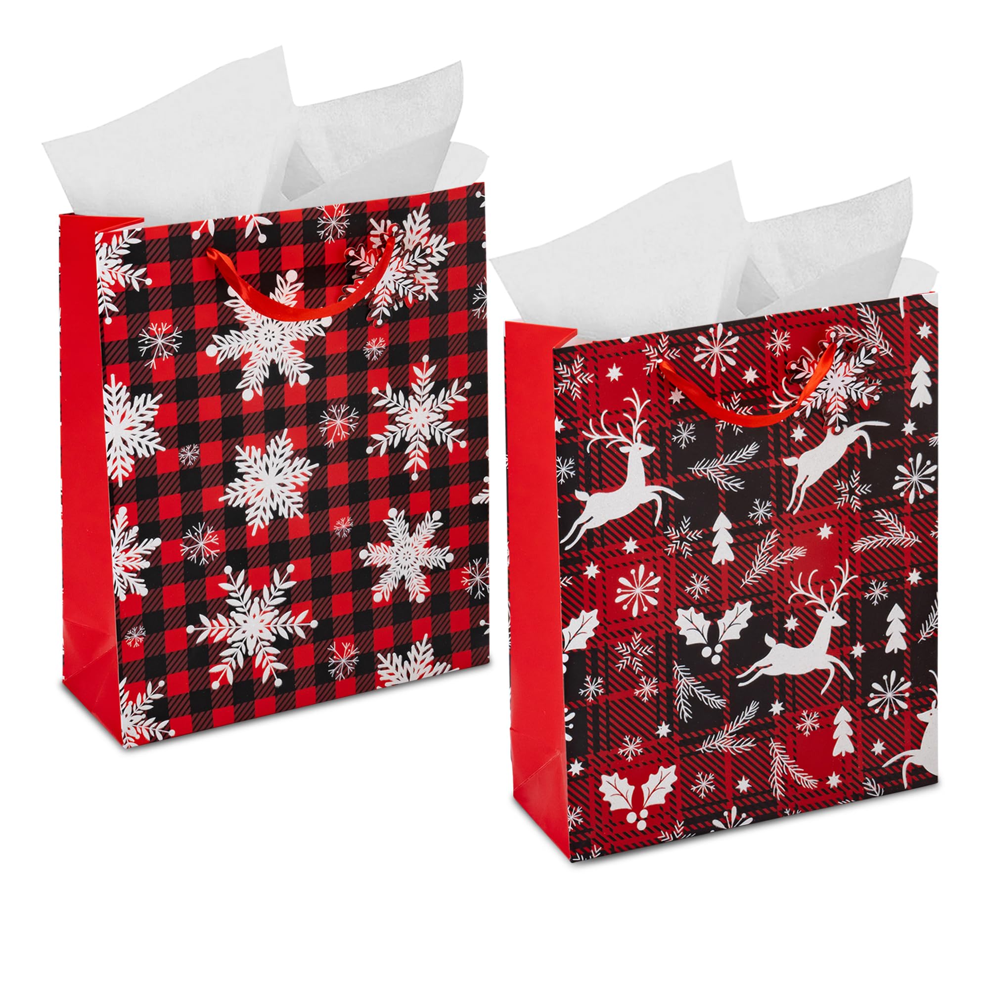 RACHELLE'S Plaid Christmas Gift Bags (Medium, 13"x10"x4") - 2 Pack Sturdy Paper Gift Bags with Tissue Paper, Tag and Handle - Ideal Party Favors and Gifting this Christmas Holiday Season