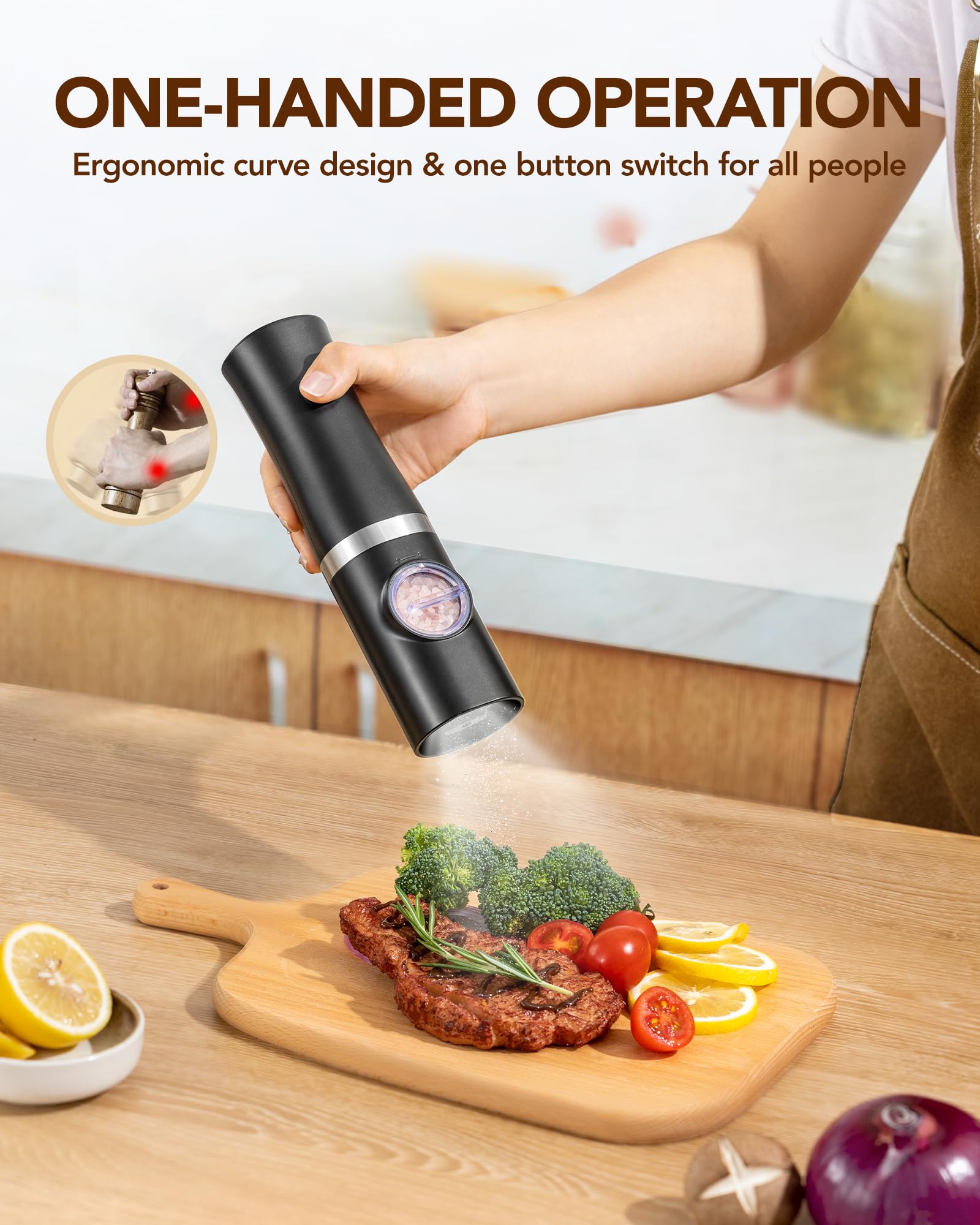 Sangcon Electric Salt and Pepper Grinder Set of 2, Automatic Salt Pepper Grinder Mill with Rechargeable Base LED light, Adjustable Coarseness,One-handed Operation, Refillable Spice Mill Shakers