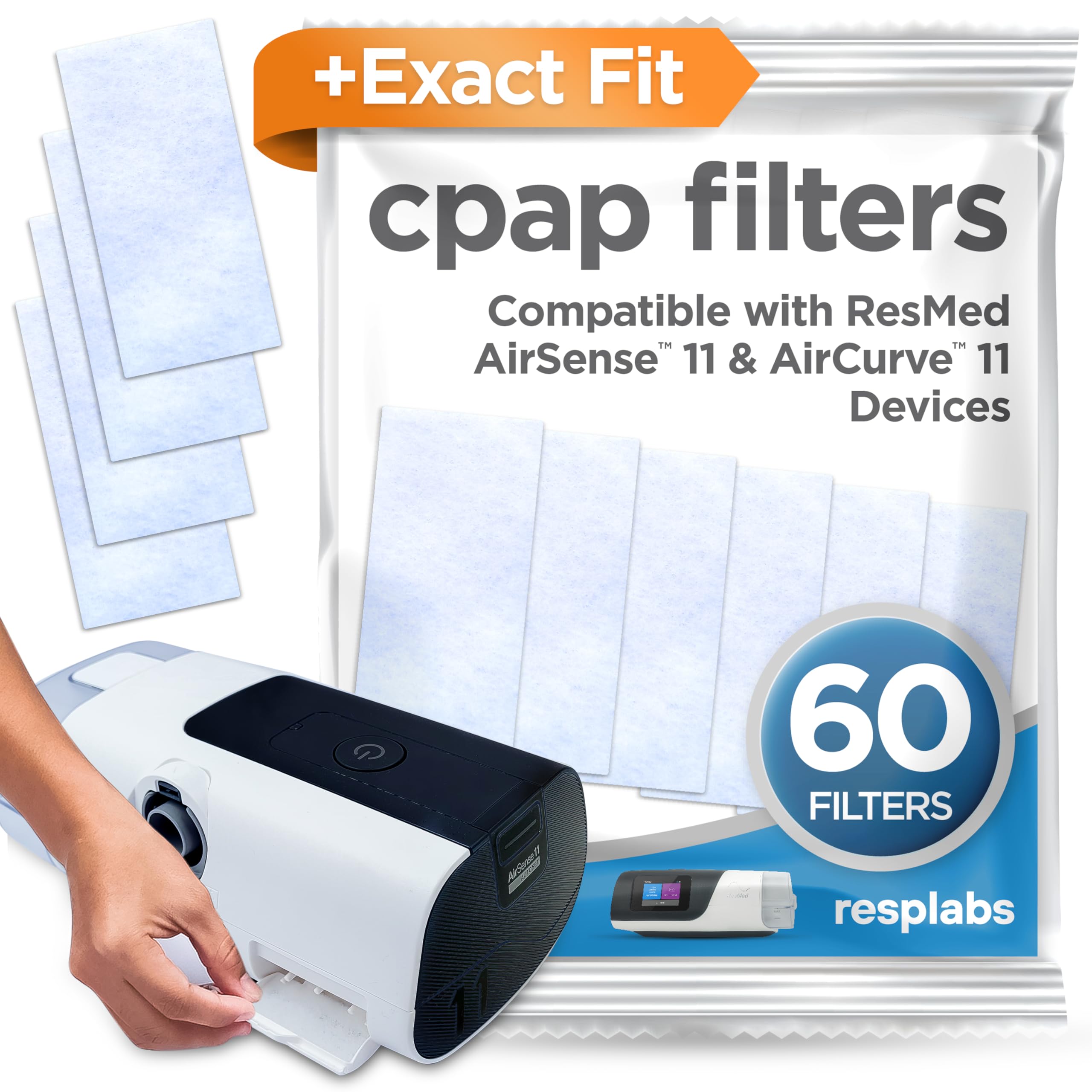 resplabs CPAP Filters Compatible with The ResMed AirSense 11 Machine (Pack of 60)