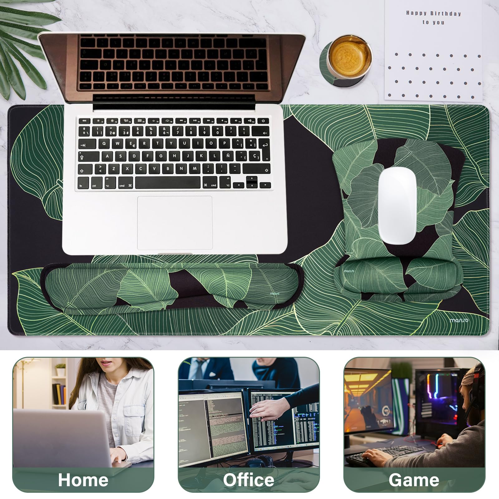 MOSISO Keyboard Mouse Pad Set,Large Gaming Mouse Pad&Keyboard Wrist Rest&Mouse Wrist Rest&Coaster,Ergonomic Non-Slip Leaf Mousepad with Raised Memory Foam for Home Office, Tropical Palm Leaves