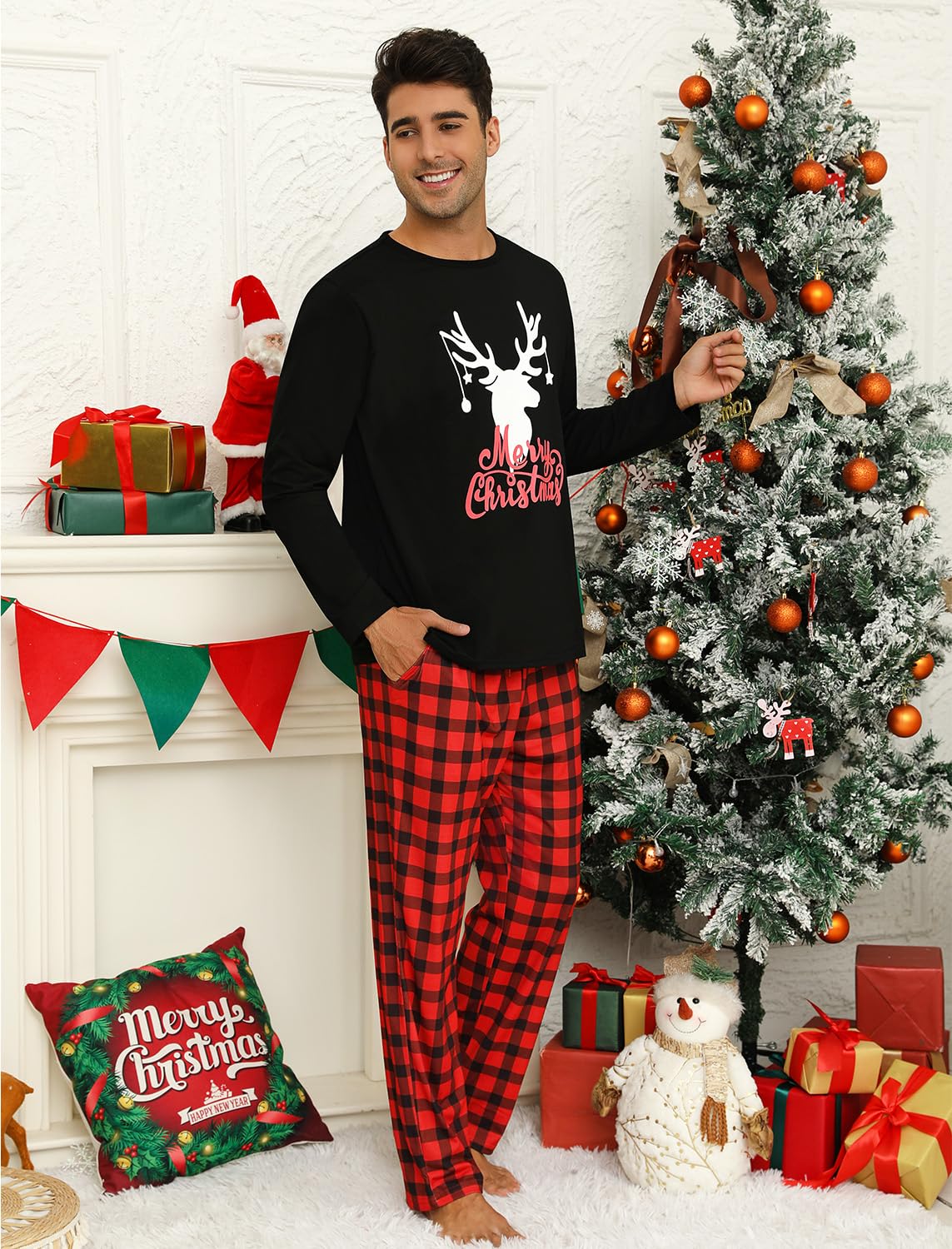 EISHOPEER Men Cotton Pajamas Set Long Sleeve Printed Sleepwear Loungewear with Pockets Black/Red Plaid X-Large