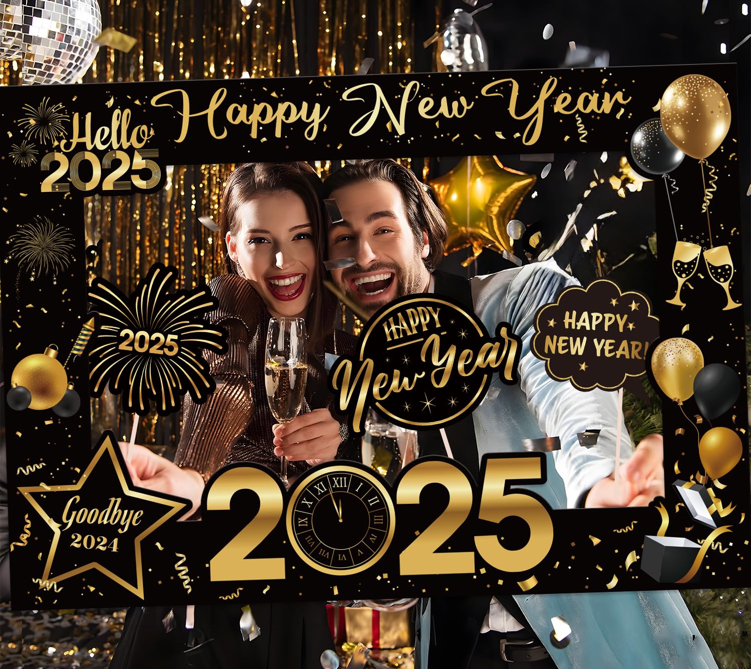 New Years Eve Party Supplies 2025 New Years Eve Photo Booth Props Set, 15Pcs Happy New Years Photo Booth Props, Happy New Years Photo Booth Frame for New Years Decorations New Years Eve Party Supplies