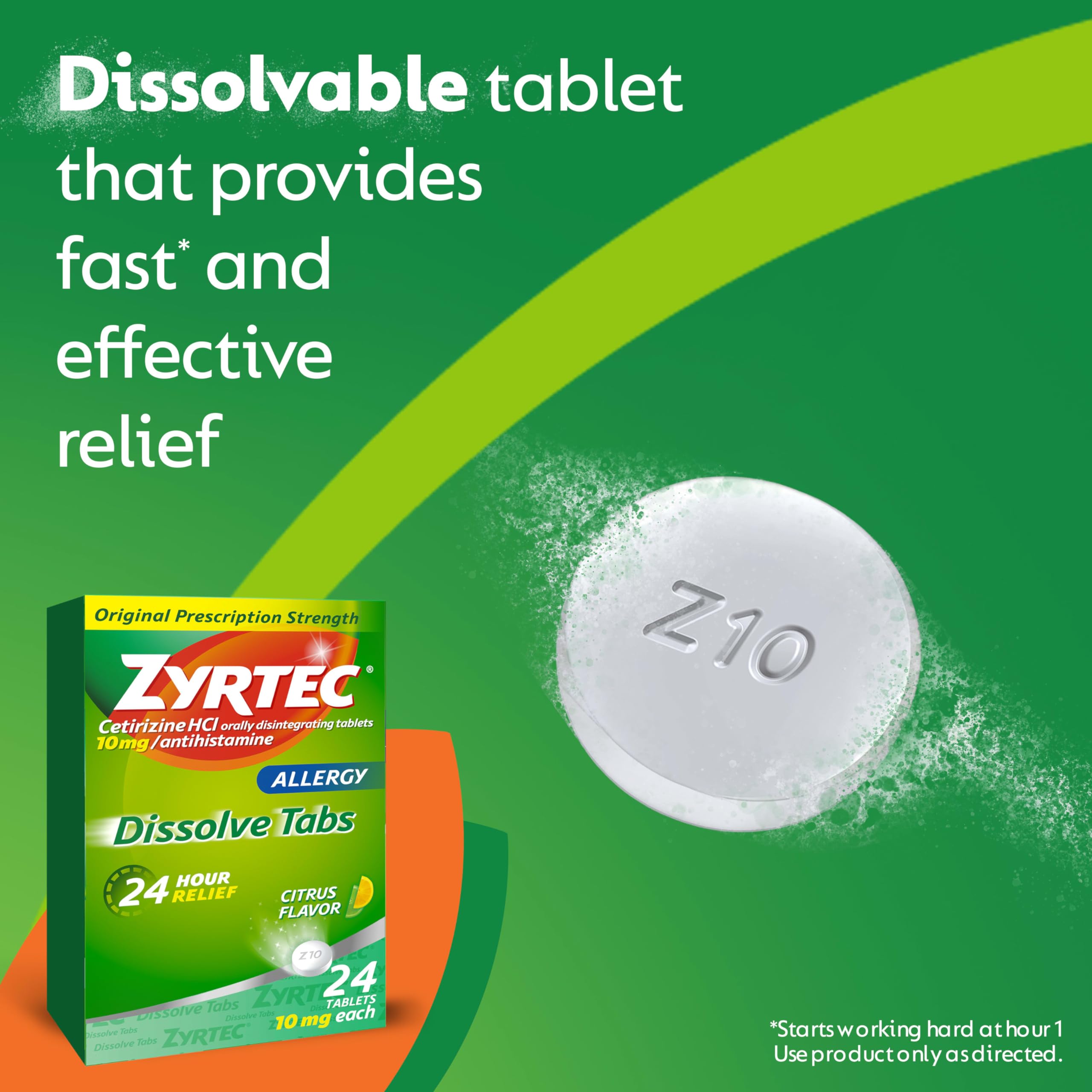 Zyrtec 24 Hour Allergy Relief Dissolving Tablets with 10 mg Cetirizine HCl Antihistamine, Allergy Medicine for Relief from Allergies Caused by Ragweed & Tree Pollen, Citrus Flavor, 24 ct