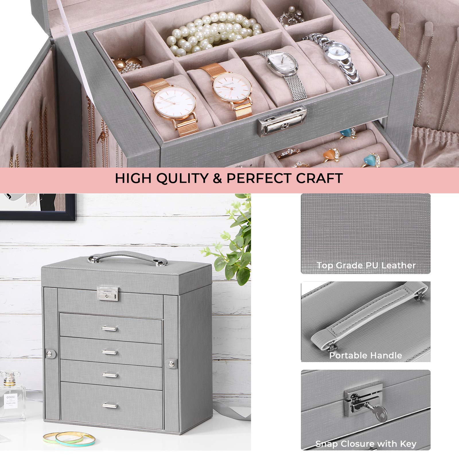 ANWBROAD Large Jewelry Box For Women/Girls Large Jewelry Organizer Jewelry Case With Drawers Mirror And Lock Jewelry Holder Organizer Storage Box For Your Jewelry Sturdy UJJB003H