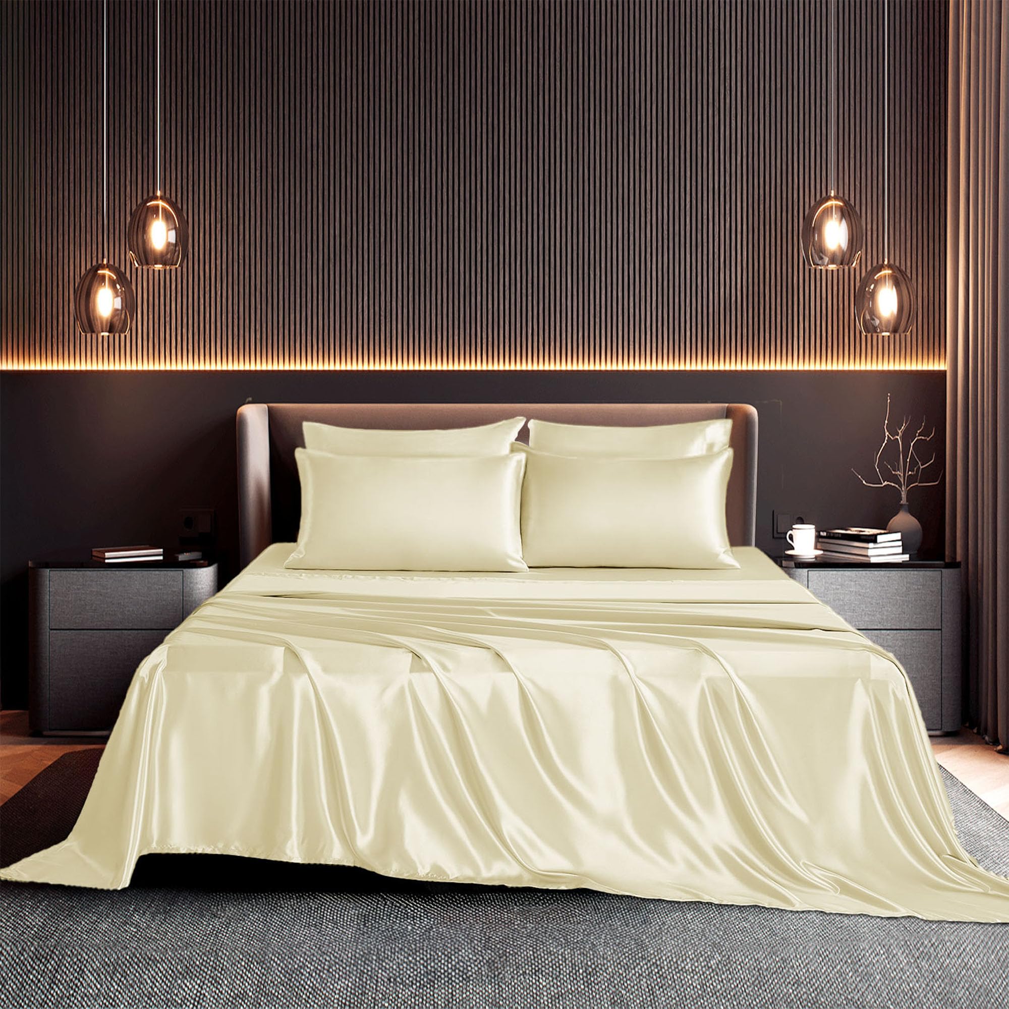 Seasonwood Silk Stain Sheets Set Deep Pocket Queen Sheets 4 Pieces with 2 Pillow Case,Ivory