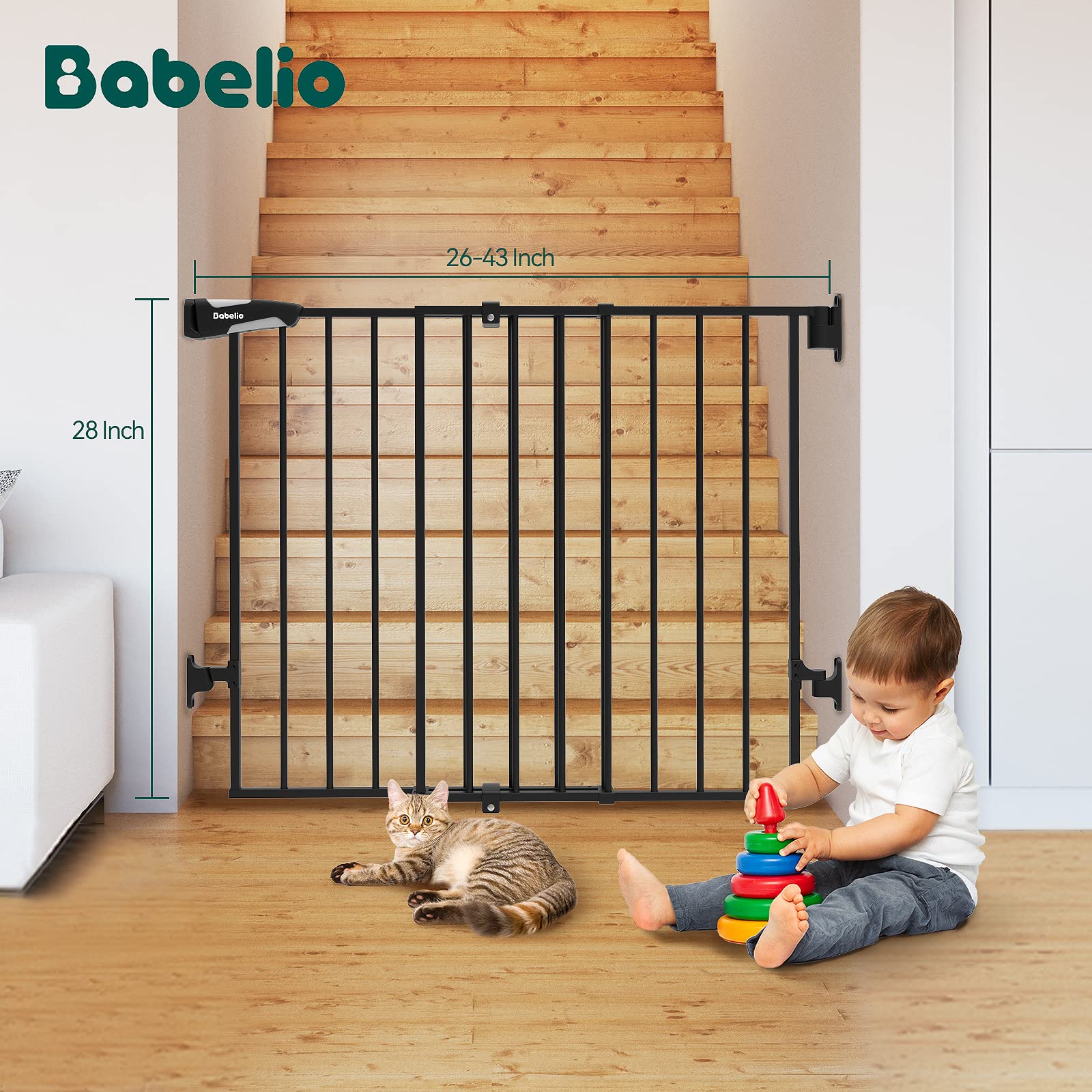 Babelio 26-43" No Bottom Bar Baby Gate for Babies, Elders and Pets, 2-in-1 Hardware Mount Dog Gate for The House, Stairs and Doorways, Safety Pet Gates with Large Walk Thru Door, Iron Black