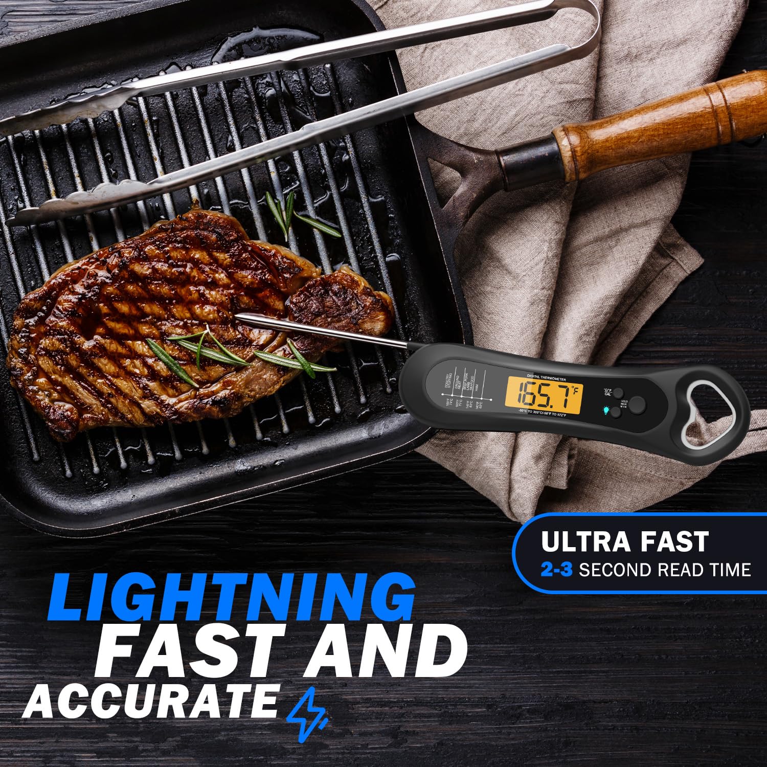 Digital Meat Thermometer for Cooking, Wireless, Instant Read, Waterproof, Backlight, Ultra-Fast Accurate & 180°Foldaway Probe, Idea for Turkey/Grilling