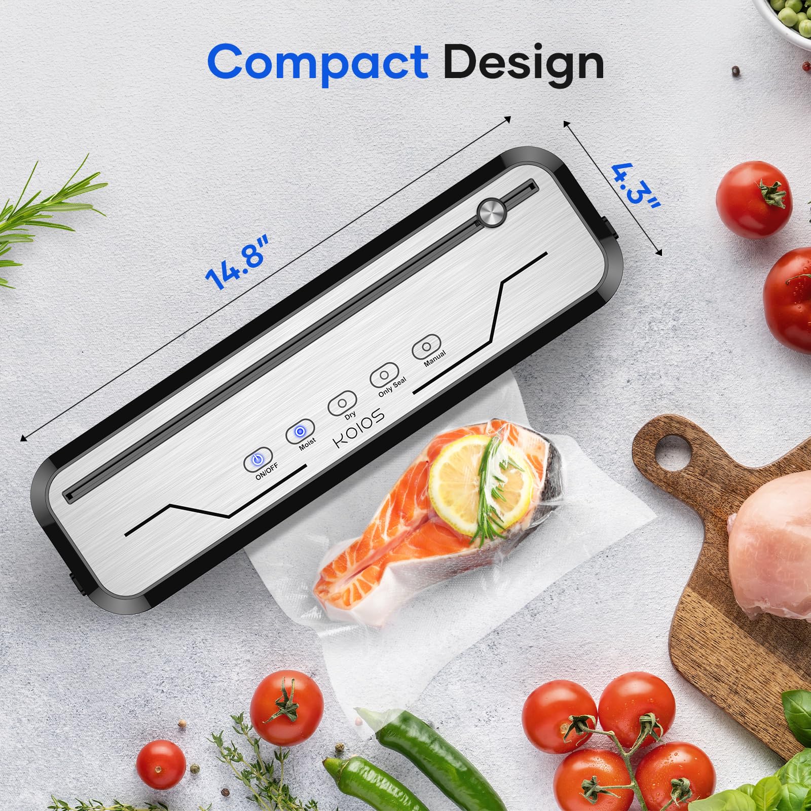 Vacuum Sealer for Food, Multi-Functional Vacuum Sealer Machine Compact Air Sealing System with Build-in Cutter, LED Indicator Dry & Moist Modes with 15 Vacuum Bags for Food Vacuum Sealing (Silver)