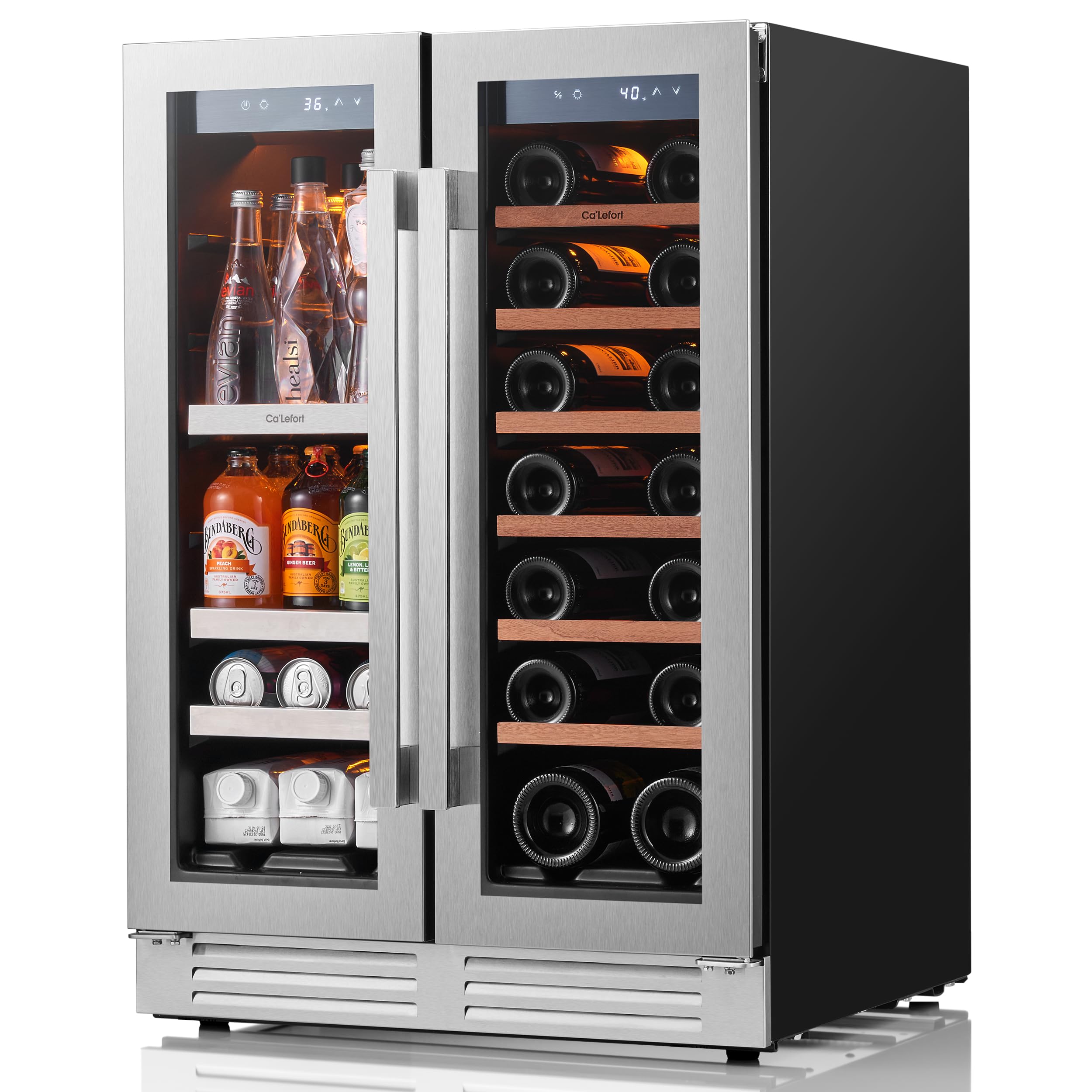 Ca'Lefort Wine Fridge Beverage Refrigerator - 24 inch Dual Zone 60 Cans 20 Bottles Drink Fridge with Glass Door, 3 Color LED Lights Wine Cooler for Beer Soda for Home Office Bar Bedroom