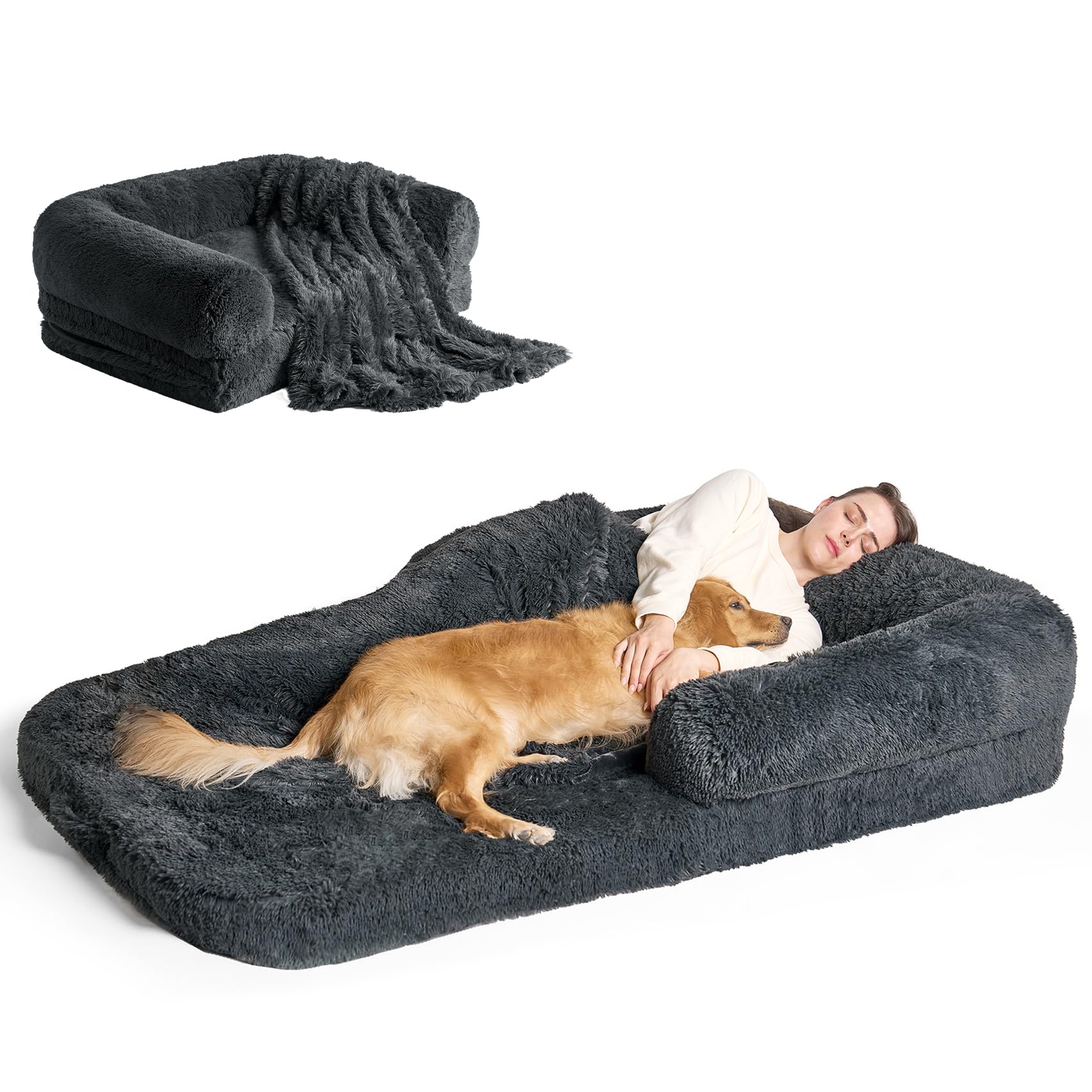 EHEYCIGA Foldable Human Dog Bed for Adult, Orthopedic Memory Foam Dog Bed for Humans, Waterproof Human Dog Bed for People, Faux Fur Human Sized Dog Bed, Dark Grey, 72"x44"x11"