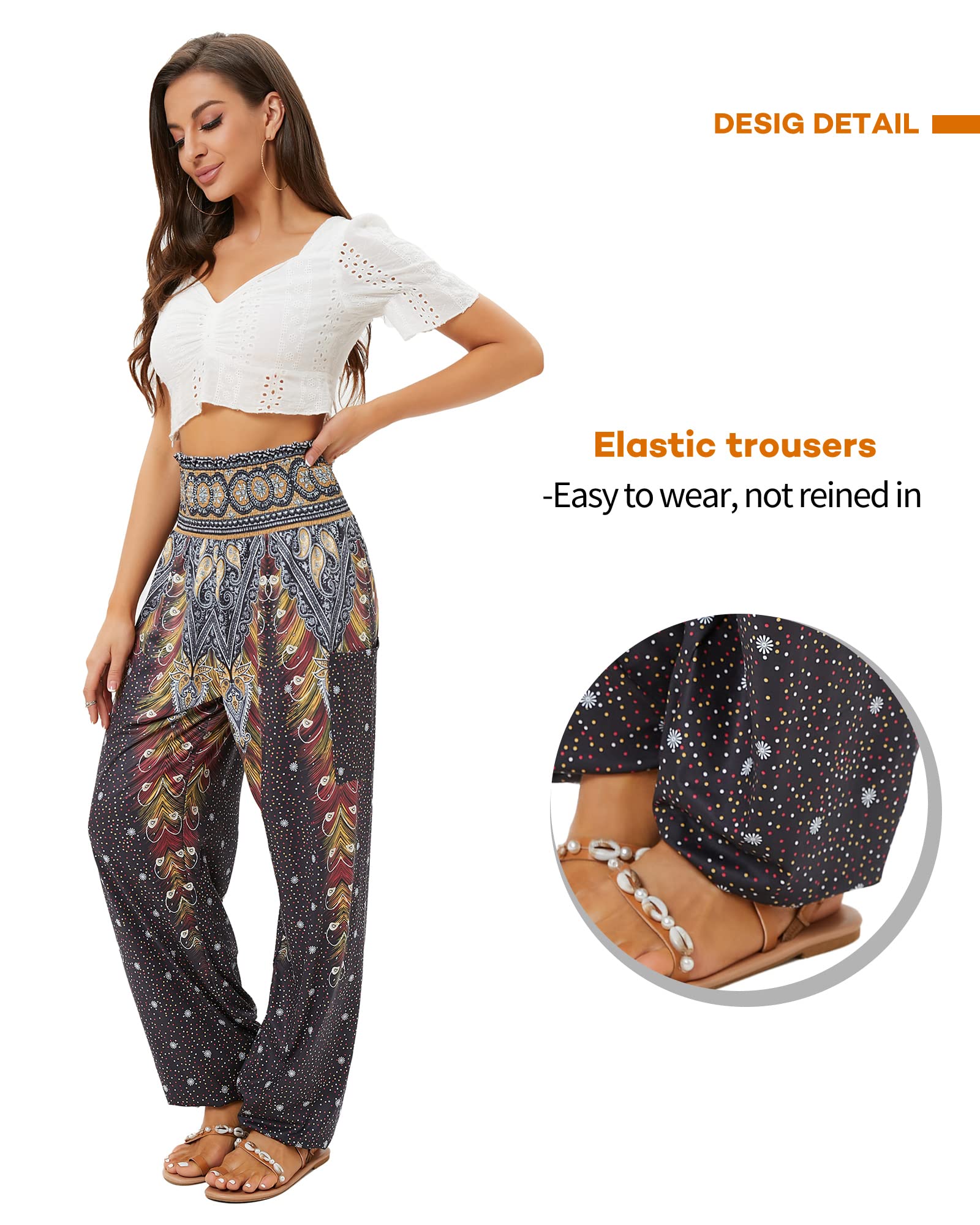 QIANXIZHAN Women's Harem Pants, High Waist Yoga Boho Trousers with Pockets Black Flower S