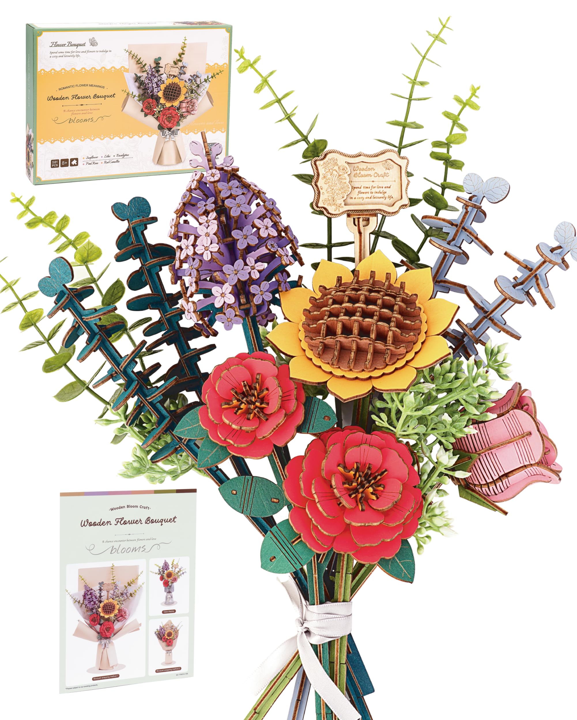 Wowood 3D Wooden Puzzles Flower Bouquet Model Kit Building Set for Adults, Wooden Flower Building Toy Botanical Collection, Creative Gift Idea Home Decor(Sunflower/Red Camellia/Pink Rose/Lilac)