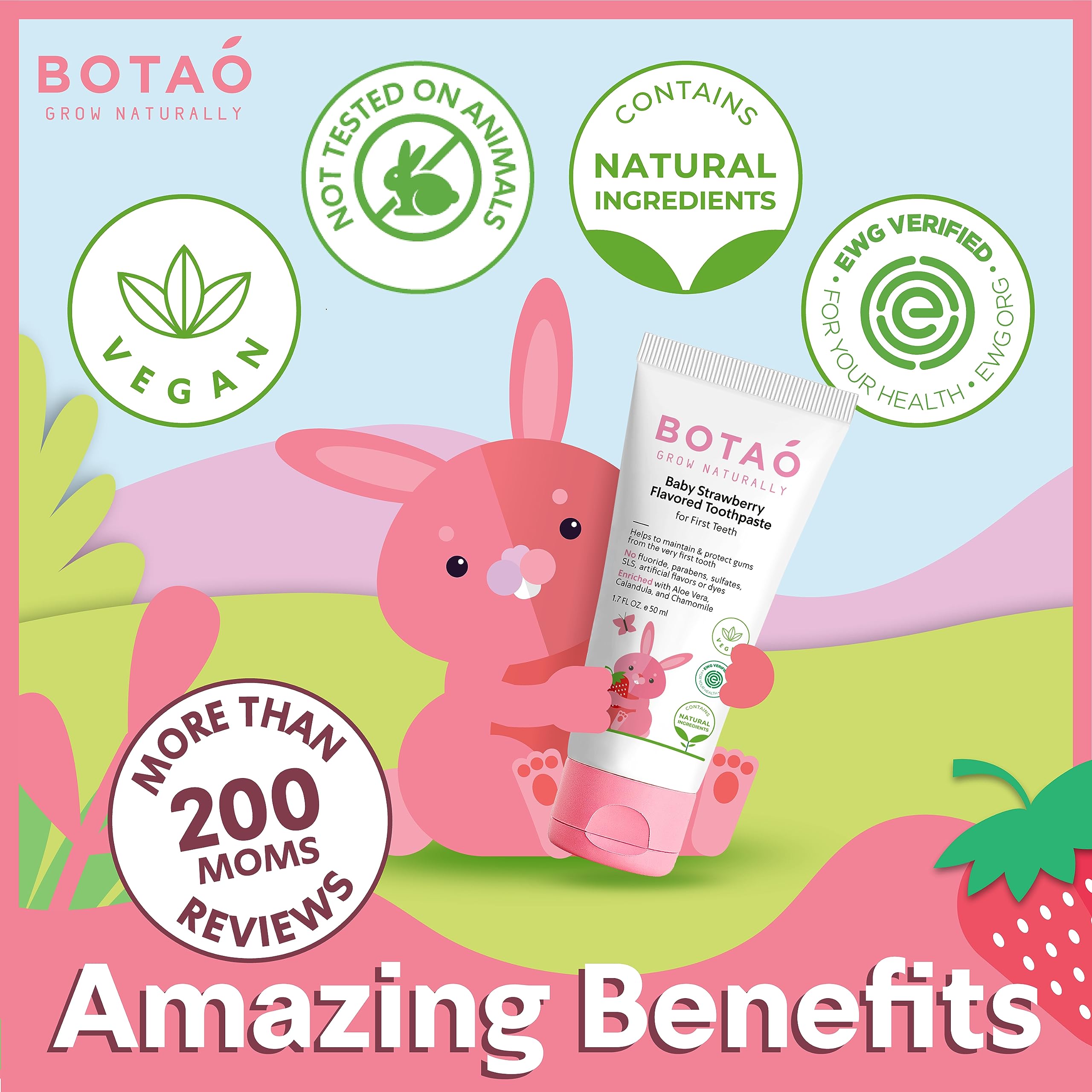 BOTAO Fluoride Free Baby Toothpaste | Strawberry Flavored - Organic Training Natural Toddler Toothpaste for Toddlers | EWG Verified, Vegan, SLS Free, Safe to Swallow, Aloe Vera -1.7Oz