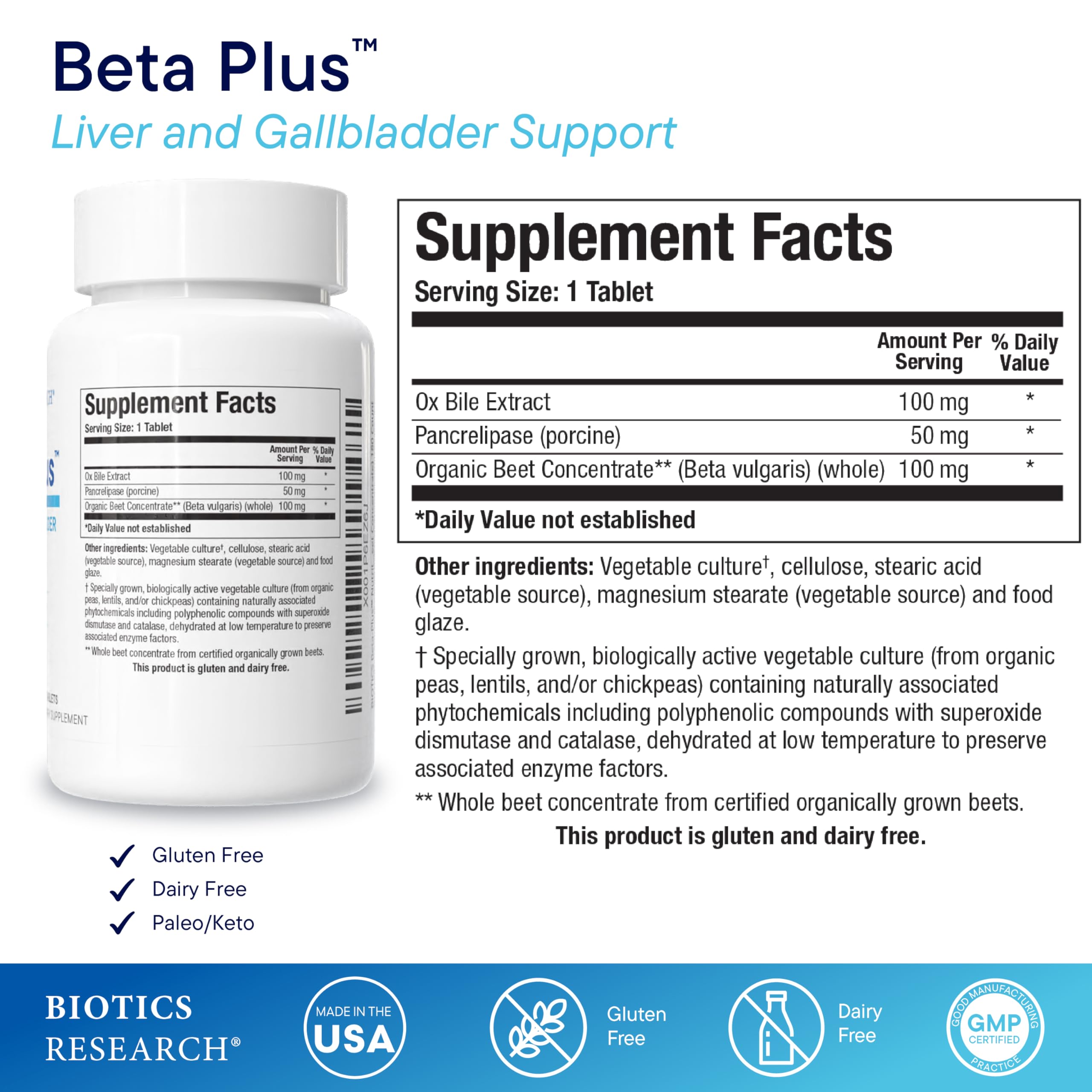Biotics Research Beta-Plus™ Nutritional Ox Bile Salts Digestive Enzymes Supplement For Bile Production For No Gallbladder-Supports Overall Liver Function, Aids Fat Digestion, Supplies Betaine 180 Tabs