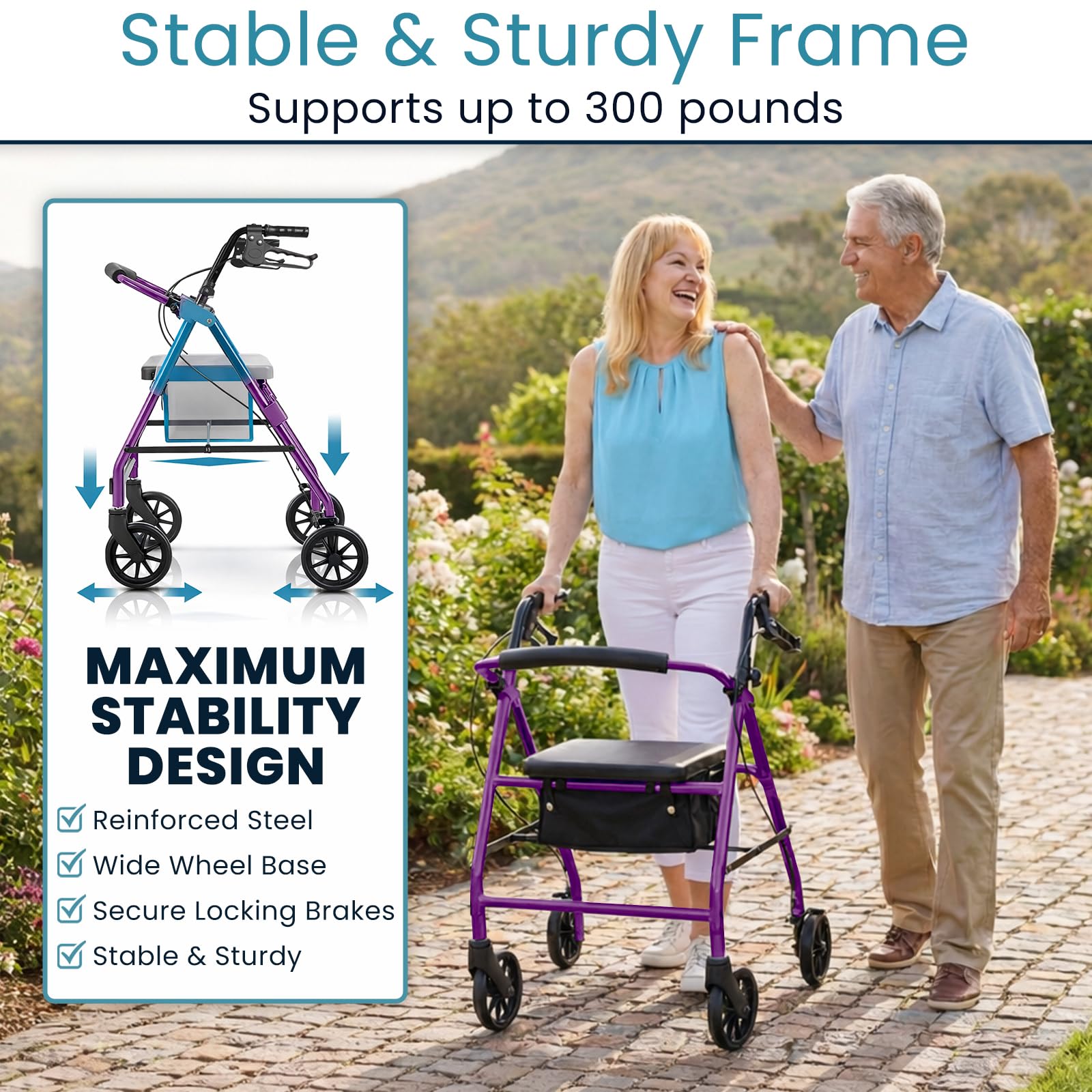 Vive Mobility Steel Rollator Walker with Seat - Foldable, Narrow, Rolling Senior Walker for Small Spaces - 4 Wheel Lightweight Adult Easy Drive with Underseat Storage, Adjustable Height (Purple)