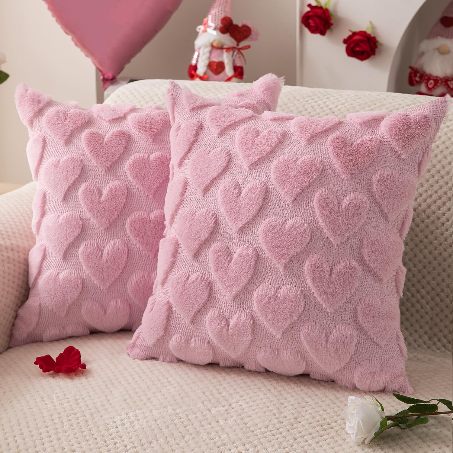 DFXSZ Valentines Pillow Covers 18x18 inch Set of 2 Valentines Day Decoration Pink Heart Soft Plush Faux Fur Jacquard Throw Pillows for Bedroom Sofa Holiday Festivals Home Decor PTK017B18