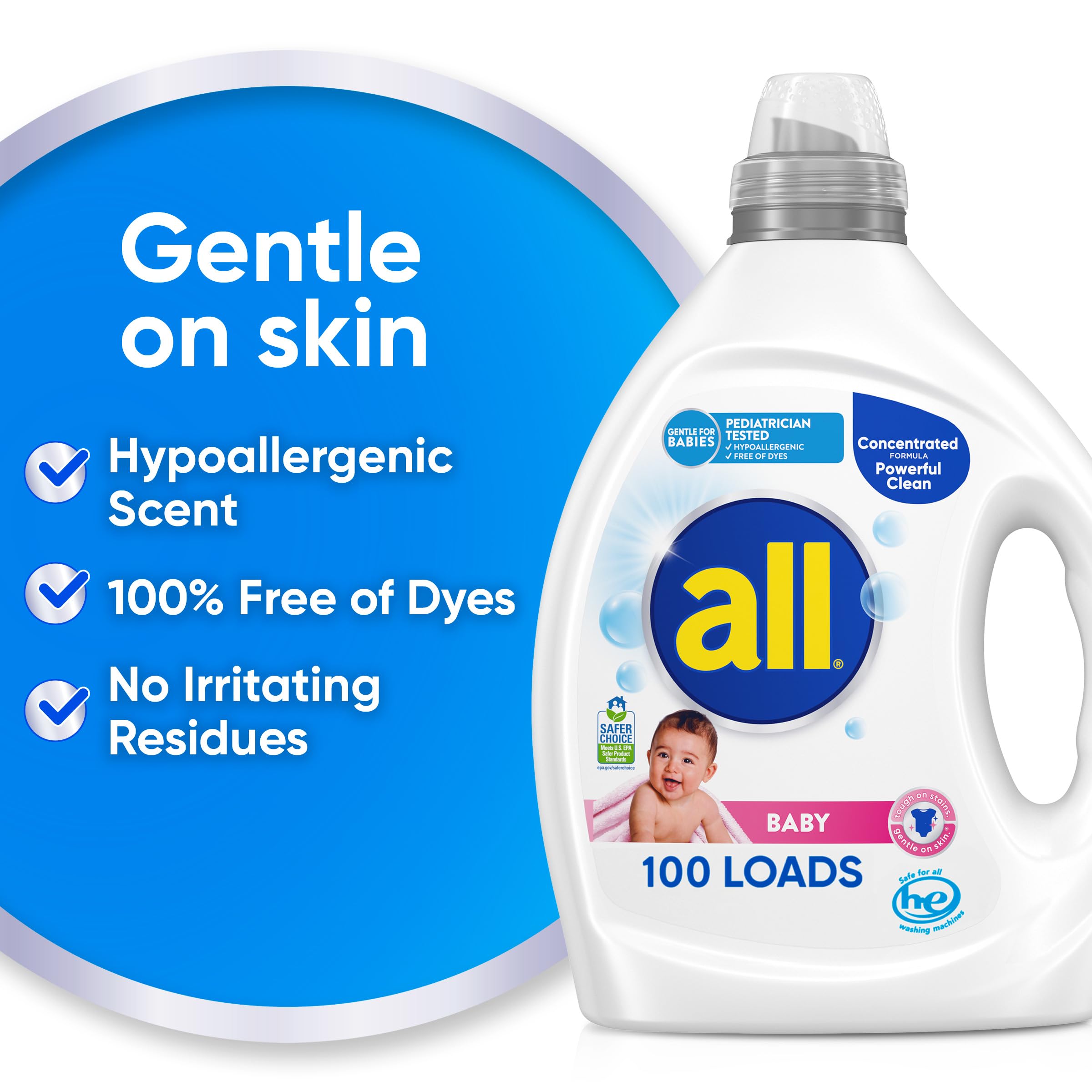 all Liquid Laundry Detergent, Gentle for Baby, Hypoallergenic & Free Of Dyes, 2X Concentrated, 100 Loads
