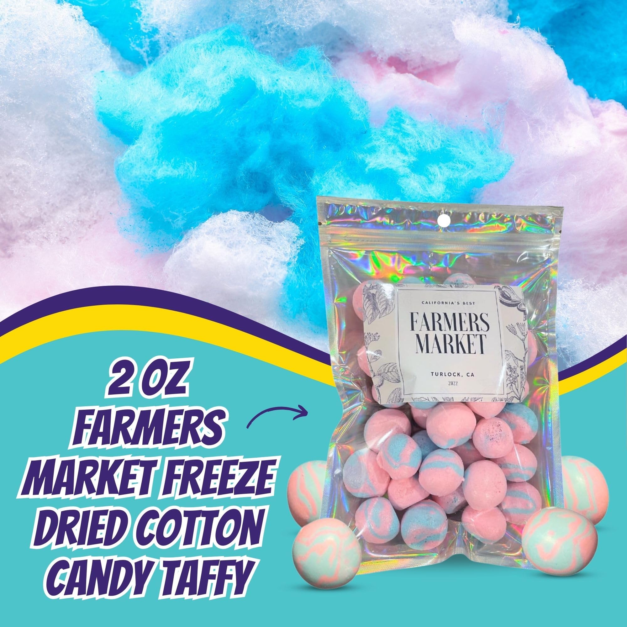 Farmers Market Cotton Candy Taffy - Blue And Pink, Freeze-Dried Freshness, Fluffy, Soft Texture - Whipped Cotton Candy Taffy, (2 oz)