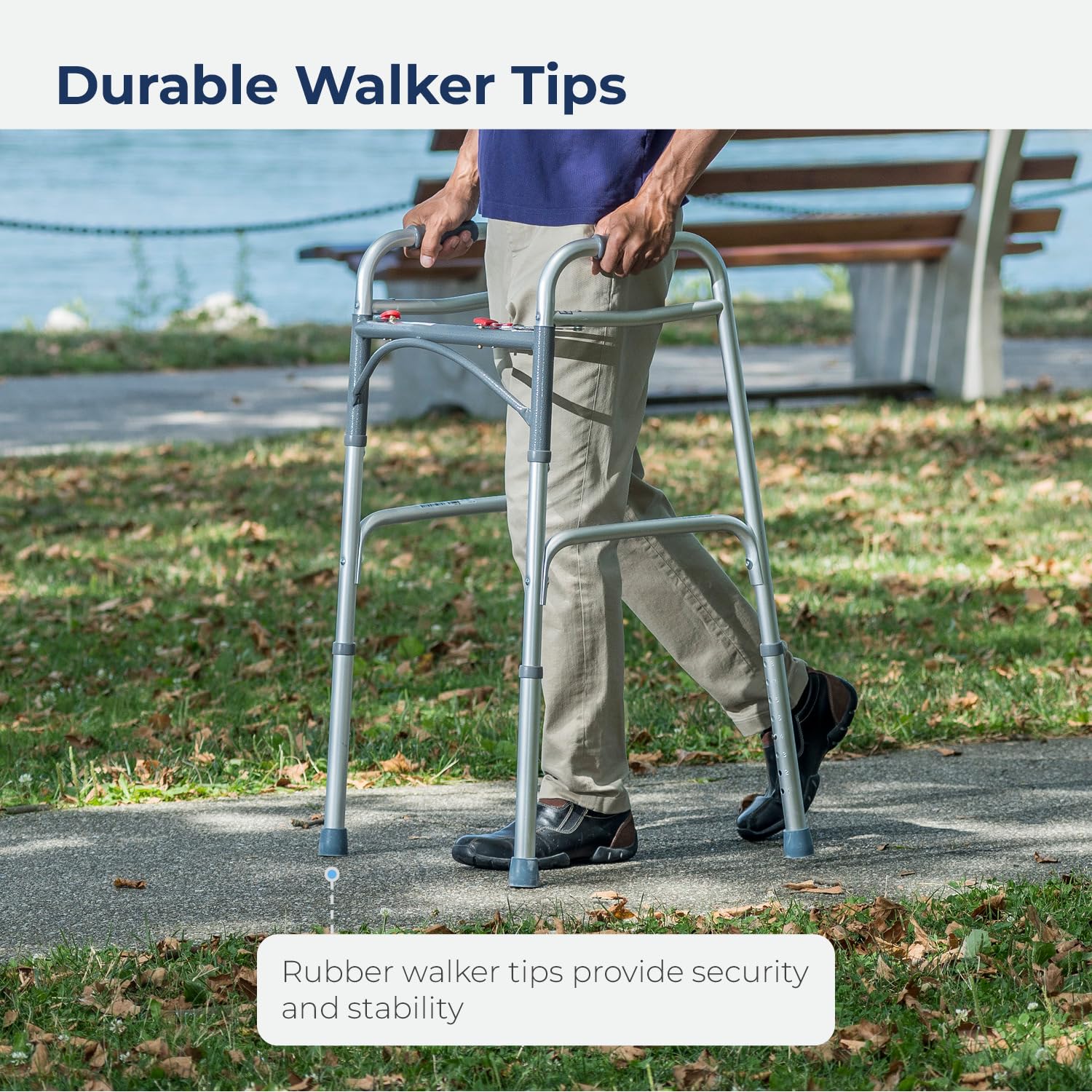 Drive Medical 2-Button Standard Foldable Walker for Seniors & Adults - Adjustable Legs - Lightweight Aluminum Construction - 350 Lb Weight Capacity - Basic Walking Aid - Silver