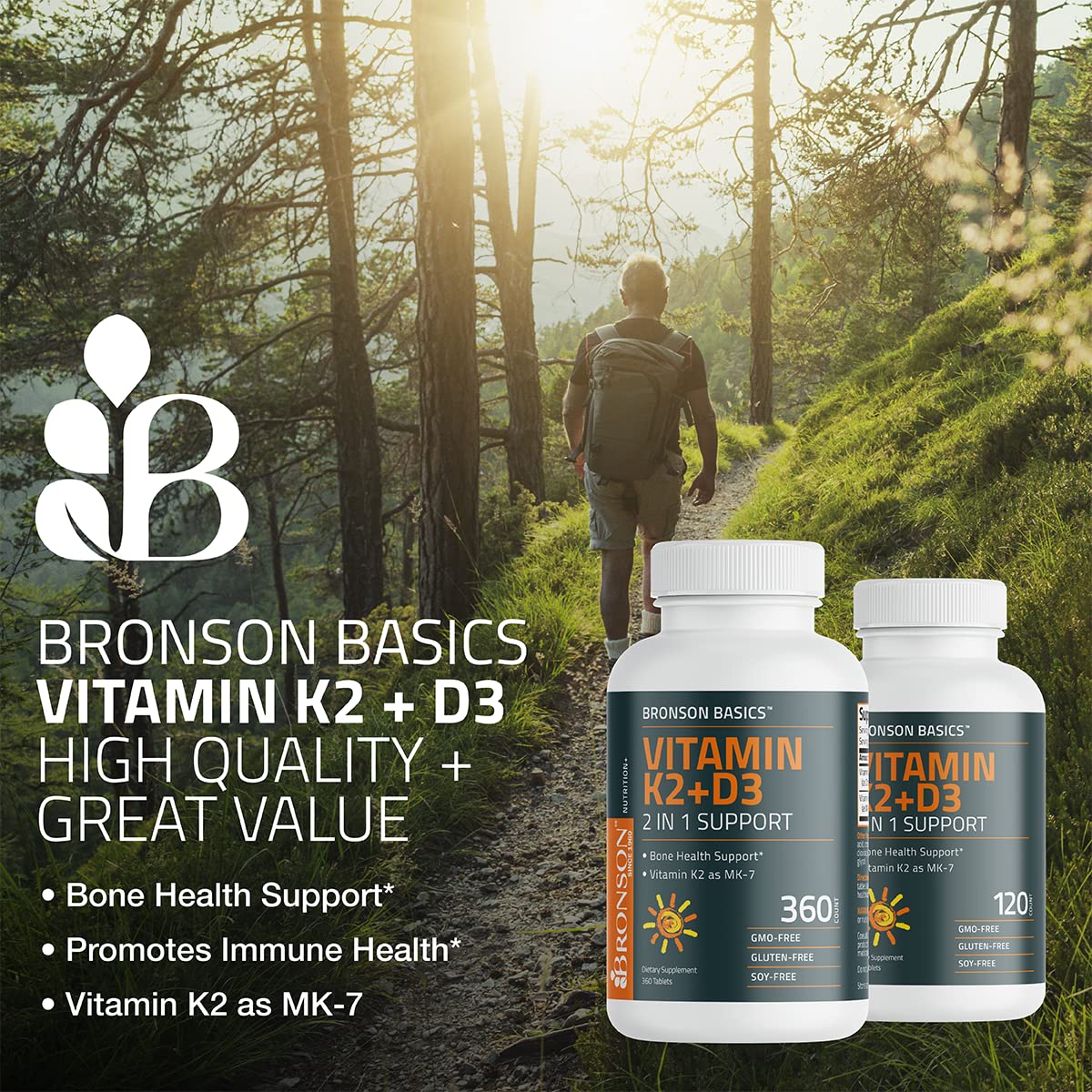 Bronson Basics Vitamin K2 D3 (MK7) Supplement Non-GMO Formula 5000IU (125 mcg) Vitamin D3 & 90 mcg Vitamin K2 MK-7 Easy to Swallow Vitamin D & K Complex, 120 Tablets