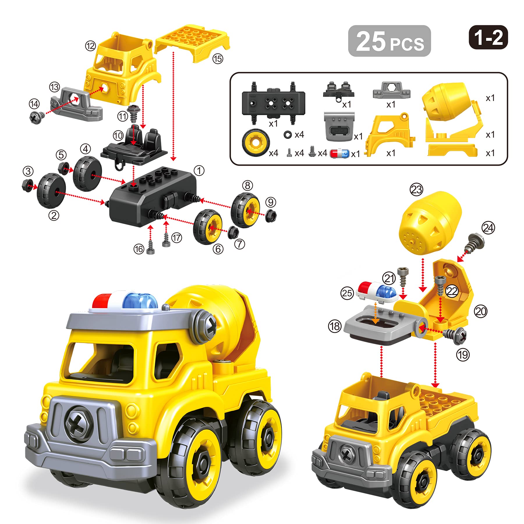 4-in-1 Take Apart Car Toys for Boys, DIY Engineering Construction Truck Toy Vehicle - Dump Truck, Cement Mixer, Excavator, Crane, Kids Building Educational Toy Gift for Age 3 4 5 6 7 8 Year Old Girls