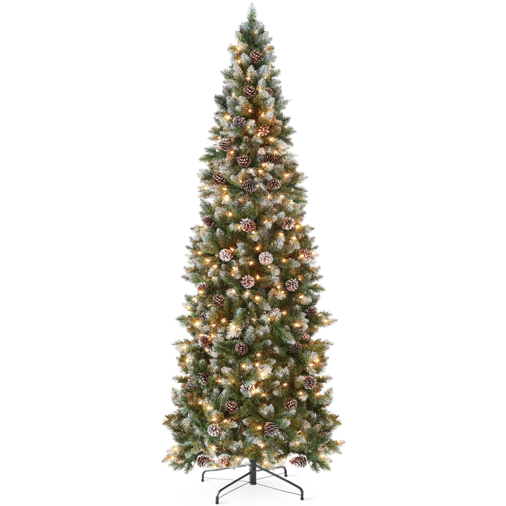 Best Choice Products 6ft Pre-lit Pencil Christmas Tree, Partially Flocked & Frosted Slim Holiday Tree Decoration, Skinny Xmas Tree, 250 Lights, 618 Frosted Tips, 50 Pine Cones, Foldable Stand