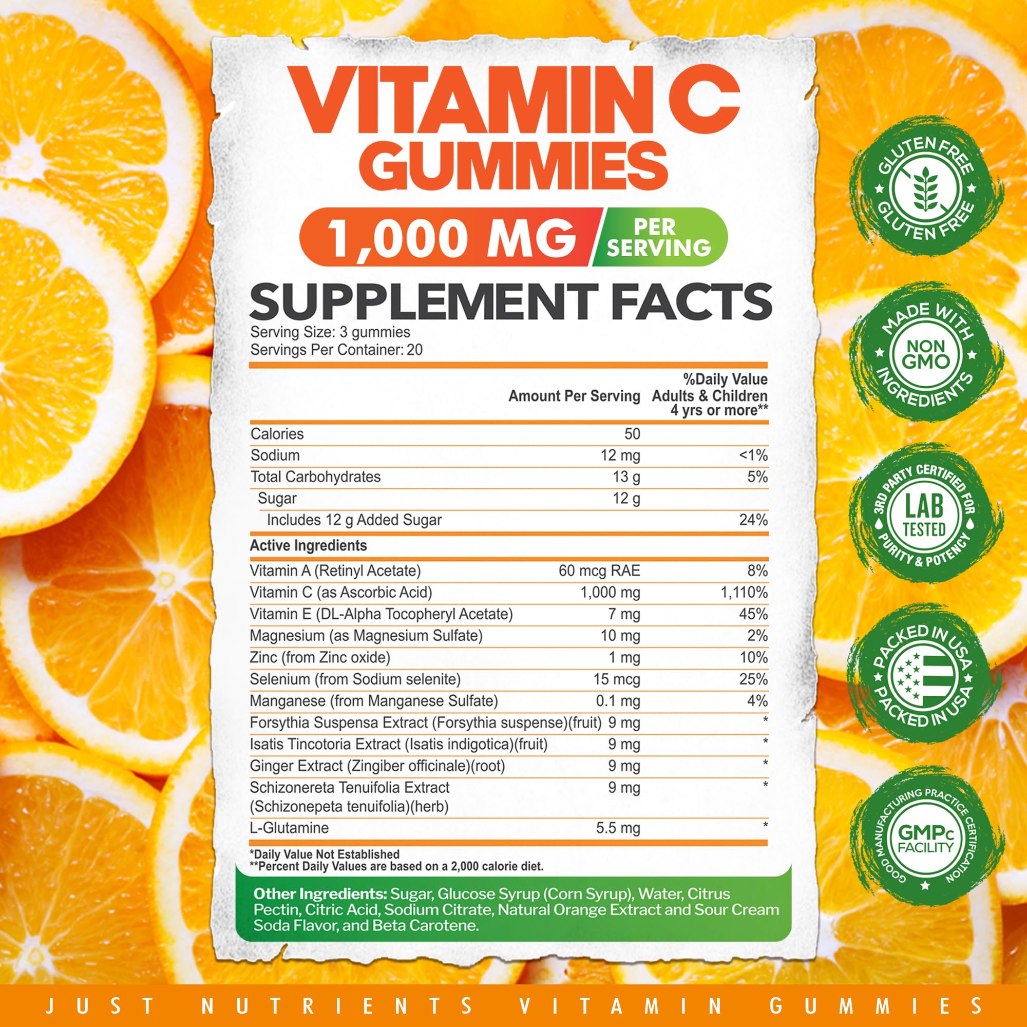 Vitamin C 1000mg Gummies for Adults & Kids – Multivitamin with Zinc & Herbal Extracts for Immune & Collagen Support for Skin – Orange Flavor – Gluten Free, Non-GMO, Vegetarian – 60 Gummies