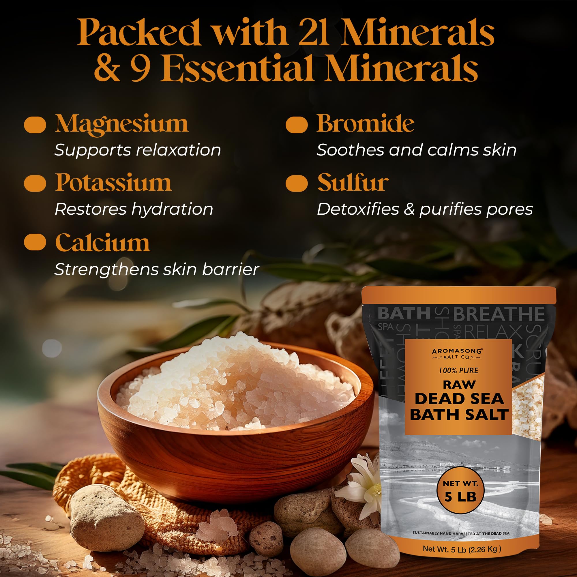 Aromasong Raw Dead Sea Bath Salt - Minimally Cleaned, Contains More Dead Sea Minerals Including Dead Sea Mud - 100% Pure & Natural Dead Sea Salts for Soaking 5 LB - Bulk Resealable Pack