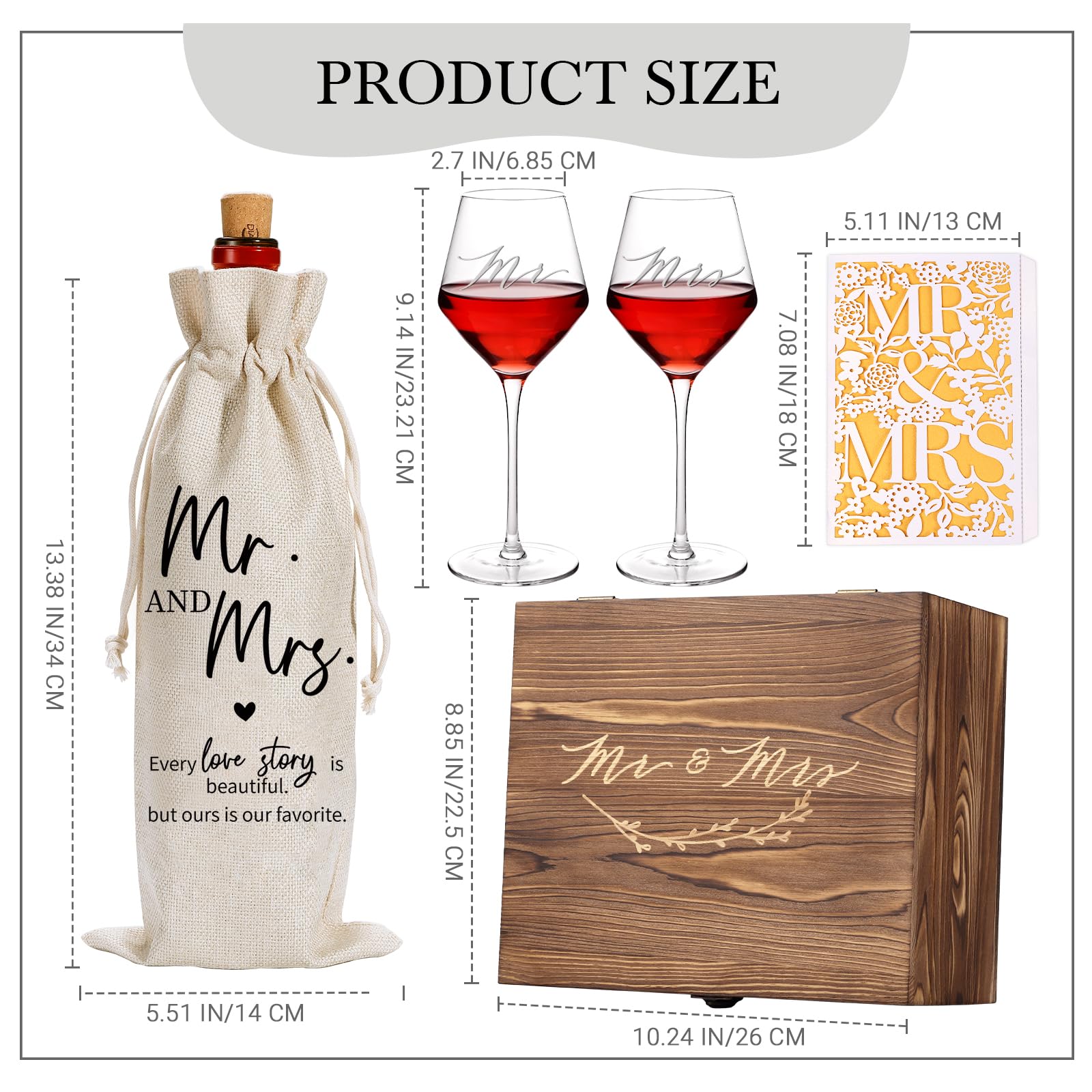 SIPBYSOP Wedding Gifts Mr and Mrs Wine Glasses, Bridal Shower Engagement Gifts for Couples,Wedding Glasses for Bride and Groom, Memory Keepsake Box, Wine Bag, Greeting Card