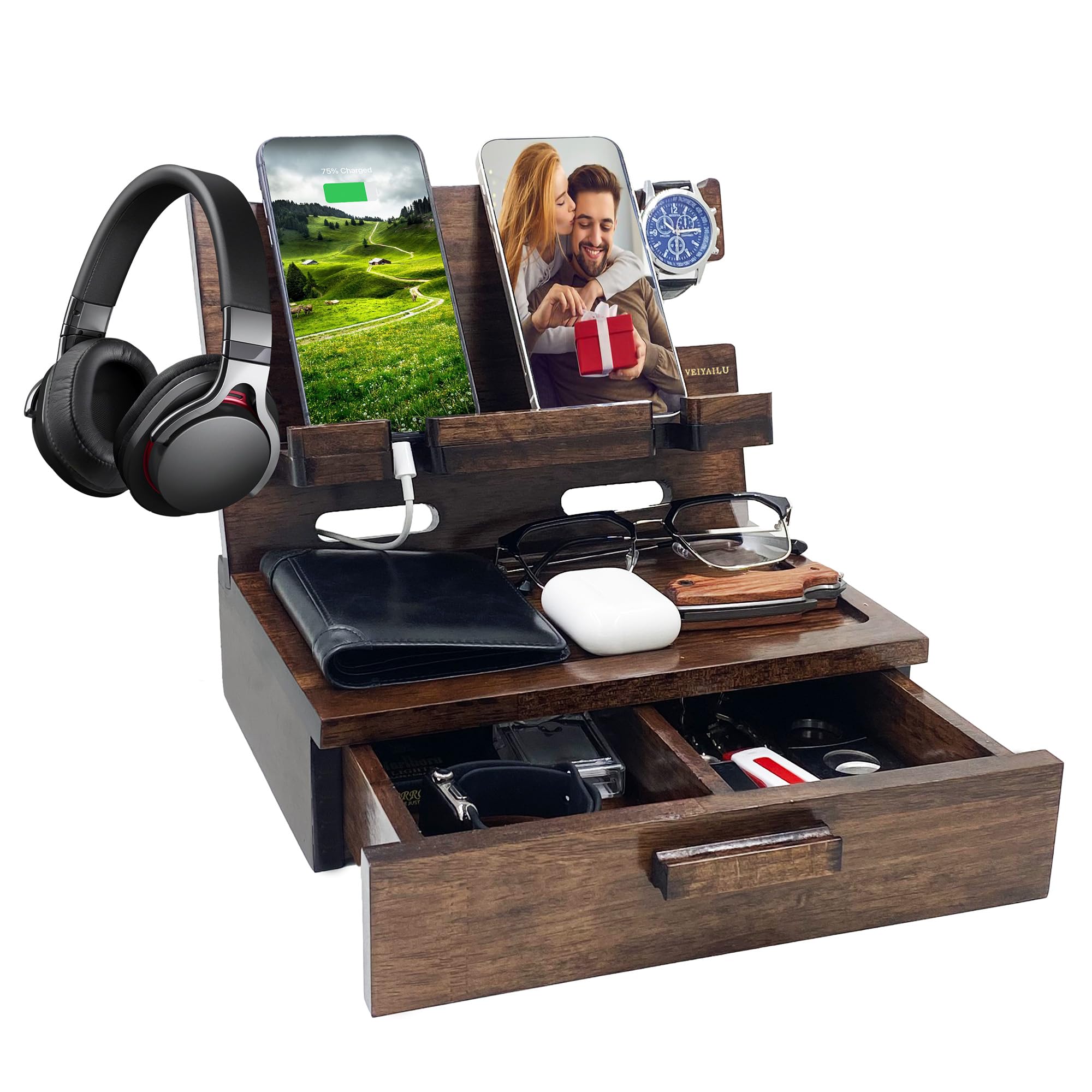 VEIYAILU Gifts for Men Women Husband Son Boyfriend Him Nightstand Organizer Wood Phone Docking Station Gift Ideas for Birthday Mother's Day,Father's Day, Christmas, and Valentine's Day (Walnut)