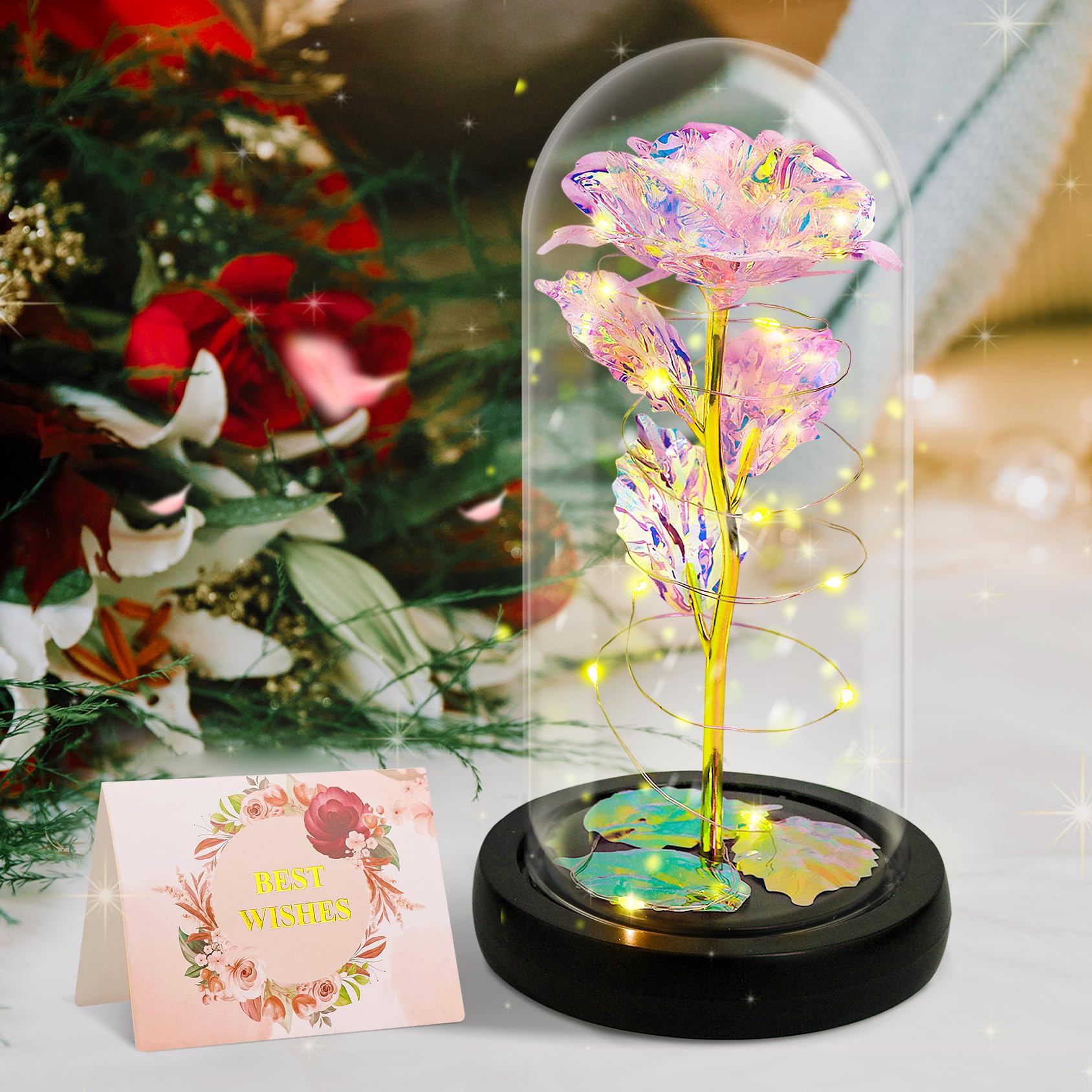 Rose Flower, Gifts for Women,Birthday Gift for Mom,Eternal Artificial Roses with LED Light Glass Cover,Thanksgiving,Valentine's Day