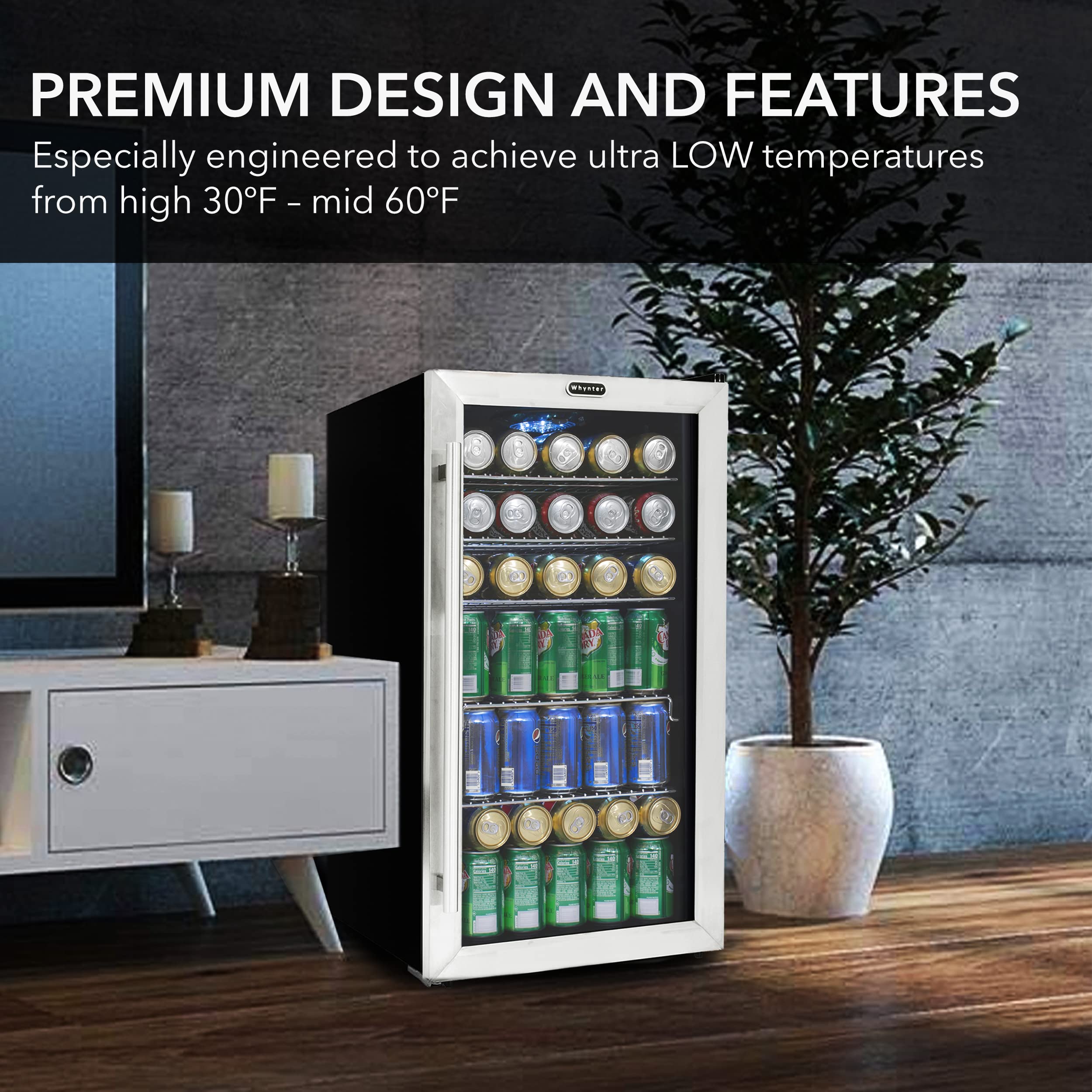 Whynter 120-Can Beverage Refrigerator with Glass Door, 3.1 Cu Ft Freestanding Drink Mini Fridge, BR-130SB, Stainless Steel