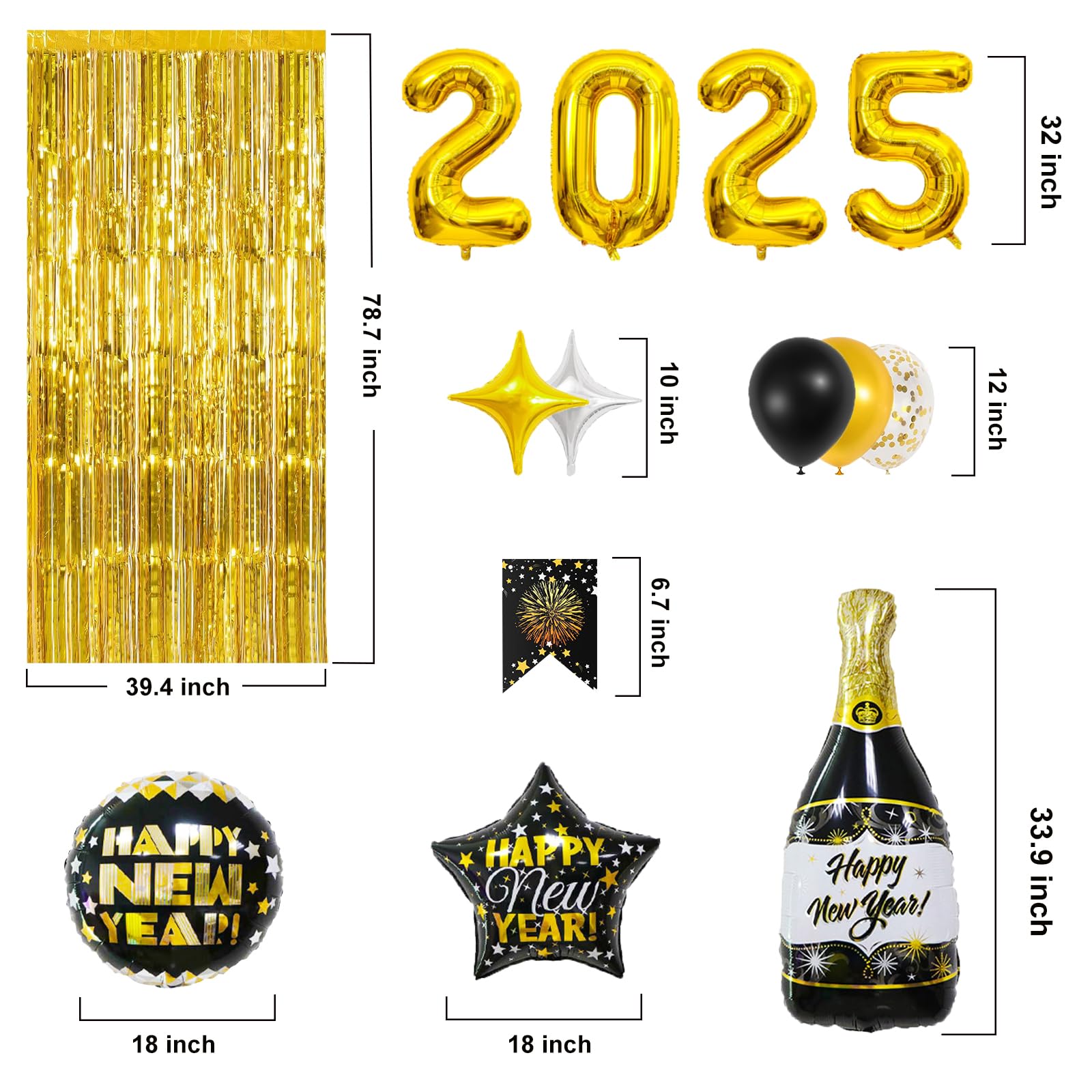 New Years Decorations 2025, New Years Eve Party Supplies 2025 - Happy New Year Decorations Kit 2025 Nye Decorations Decoracion de año nuevo 2025 Gold and Black Happy New Year Decor