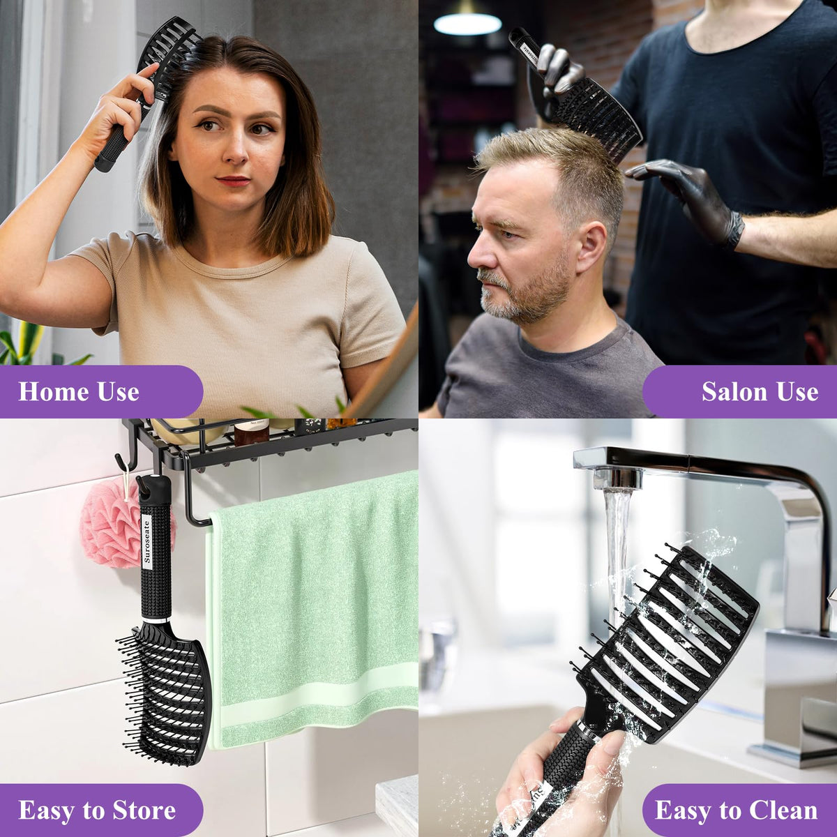 Suroseate Hair Brush, Detangler Hair Brushes for Women Men Kids Faster Blow Drying, Curved Vent Detangling Brush for Wet Dry Curly Straight Thick Thin Hair Adds Shine, Makes Hair Smooth (black)