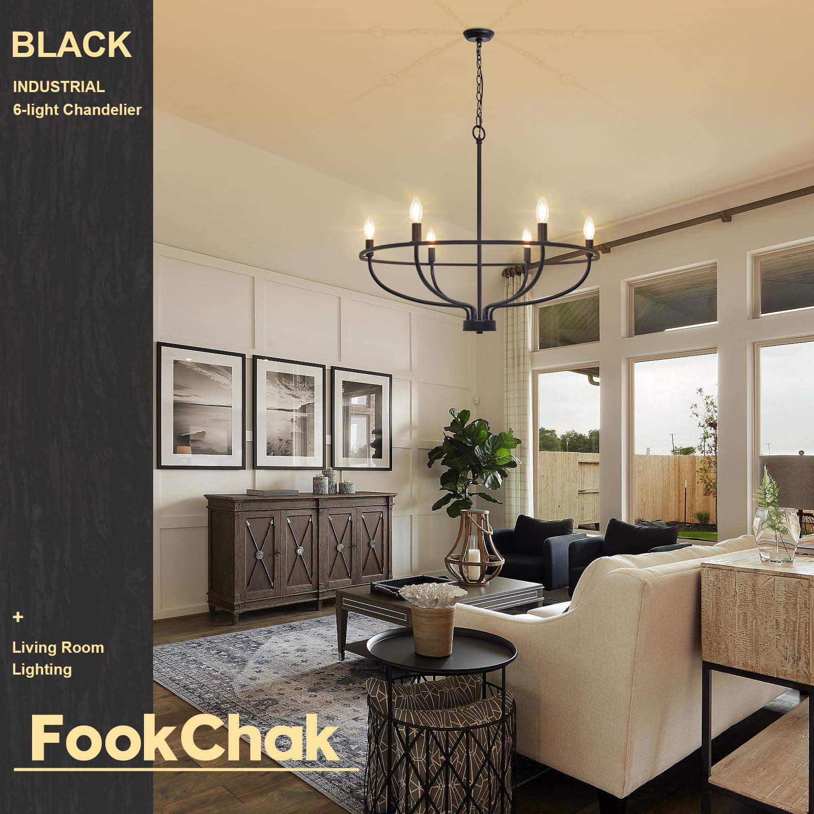 FookChak 6-Light Black Chandelier Light Fixture Industrial Candle Chandelier Black Chandeliers for Dining Room for Bedroom, Living Room，Kitchen,28.54in, E12