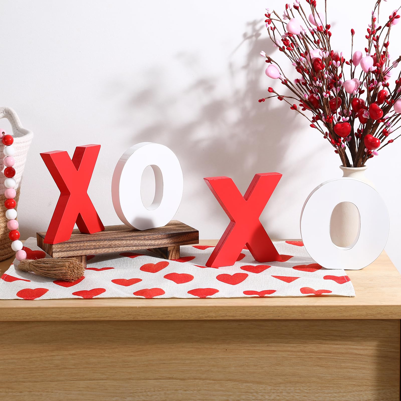 Valentines Day Decor-Wooden XOXO Tabletop Sign-Classic White Red Valentines Decorations for Home Table Shelf Mantel Fireplace Wedding Party Supplies