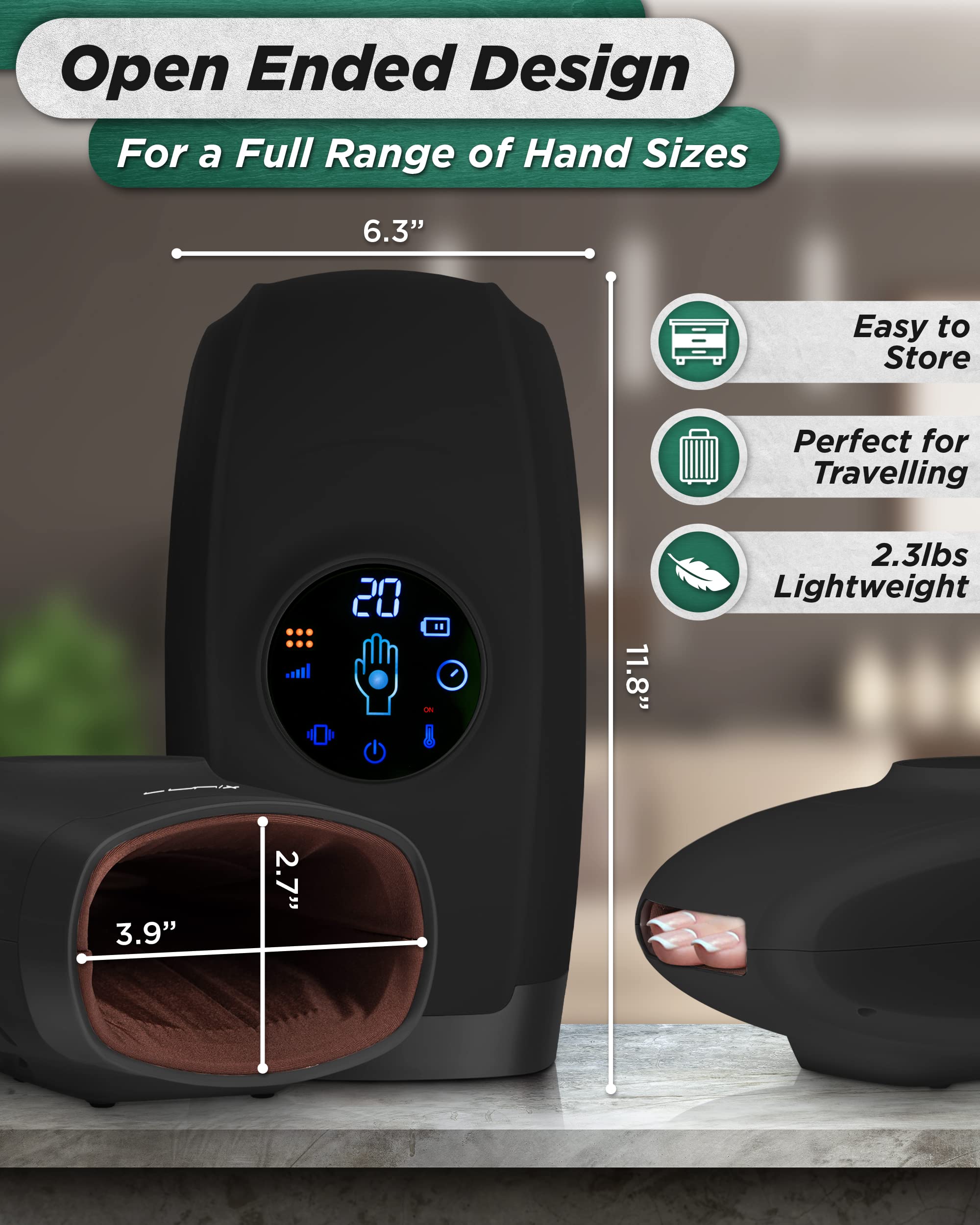 Lunix LX7 Touchscreen Electric Hand Massager with Compression, Pressure Point Therapy for Arthritis, Pain Relief and Carpal Tunnel, Shiatsu Massage Machine with Heat, with Hand Warmer, Black