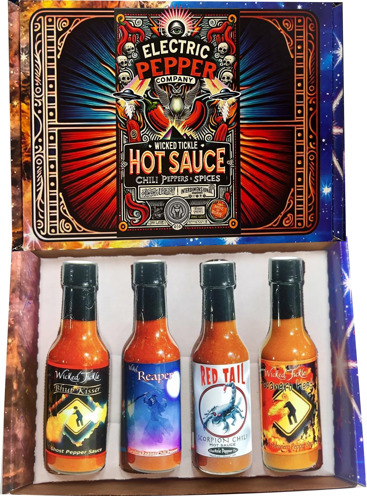Wicked Tickle Hot Sauce Gift Set – Carolina Reaper, Scorpion, Ghost & Habanero, 4 Pack, 5 oz Bottles