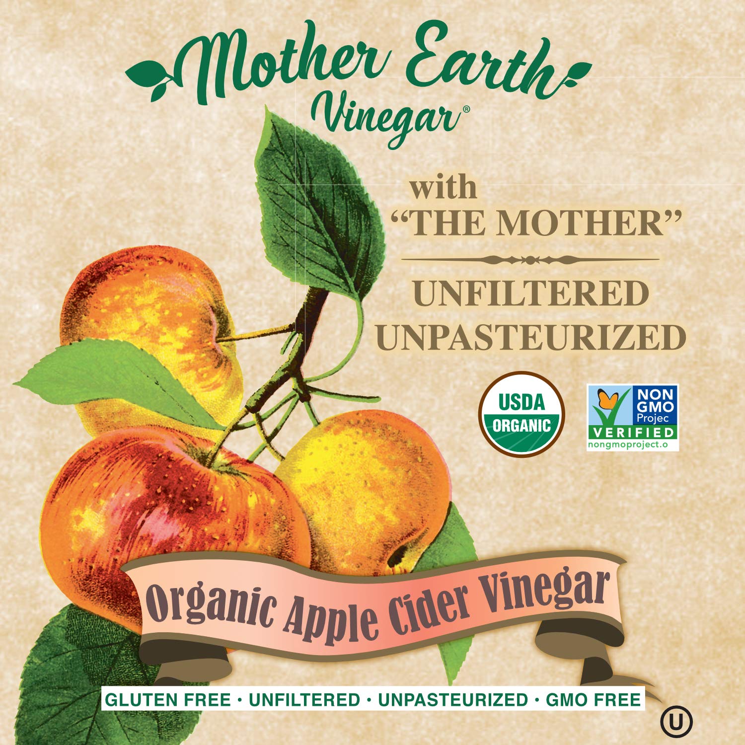 Mother Earth, Organic Apple Cider Vinegar with The Mother, Half Gallon, Fresh Pressed Organic Apples, OACV, ACV, Raw, Unpasteurized, Unfiltered (1/64oz Bottle)