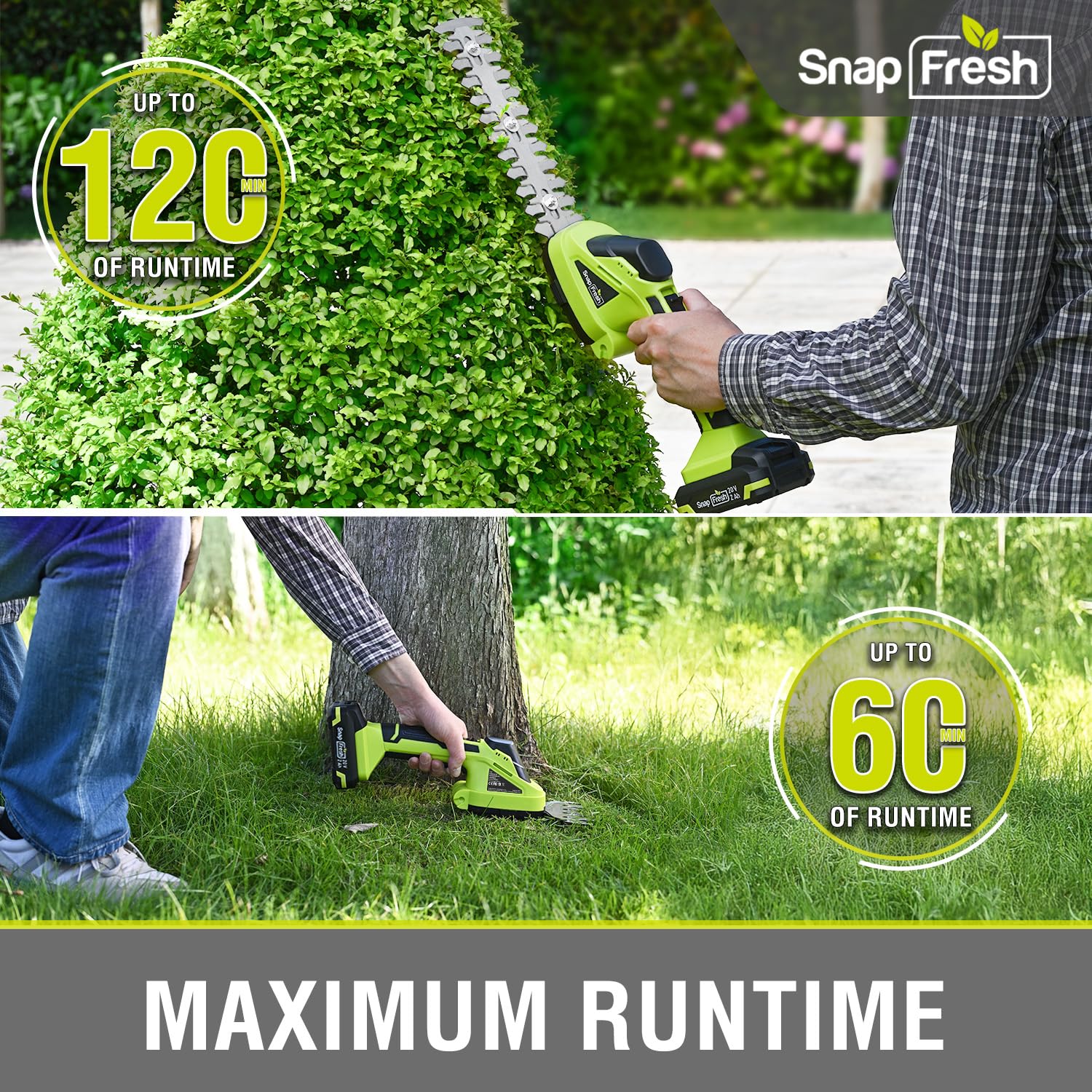 SnapFresh 20V Hedge Trimmer Cordless, 2 in 1 8.67" Electric Shrub Trimmer and 4.72” Grass Shears with 2.0Ah Li-ion Battery and Charger, Handheld Grass Cutter/Bush Trimmer for Garden Yard