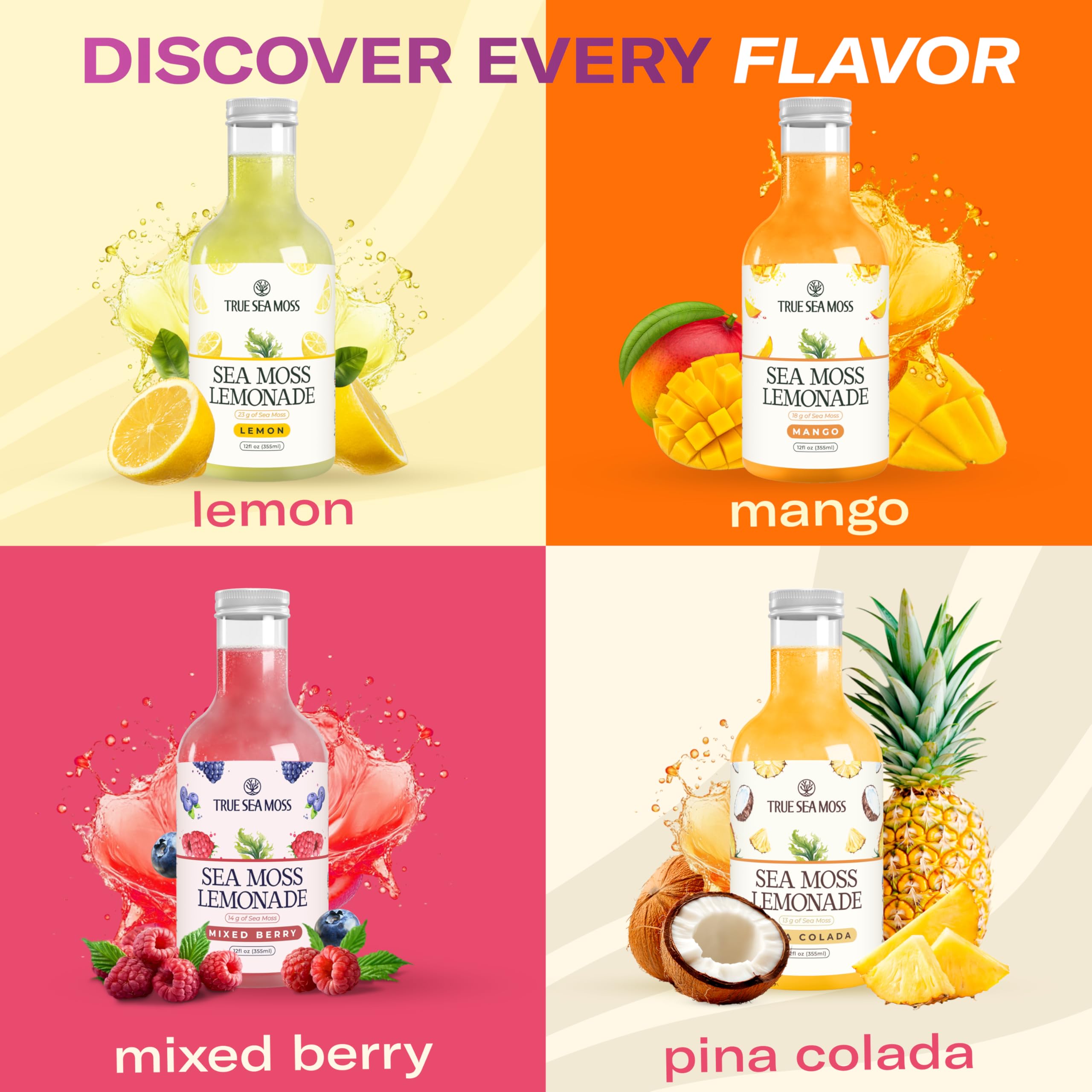 TrueSeaMoss Sea Moss Lemonade Variety Pack – 4 Flavors Sampler: Lemon, Mango, Berry, Pina Colada – Vegan Hydration Drink – 4 x 12 fl oz Bottles – Made in USA