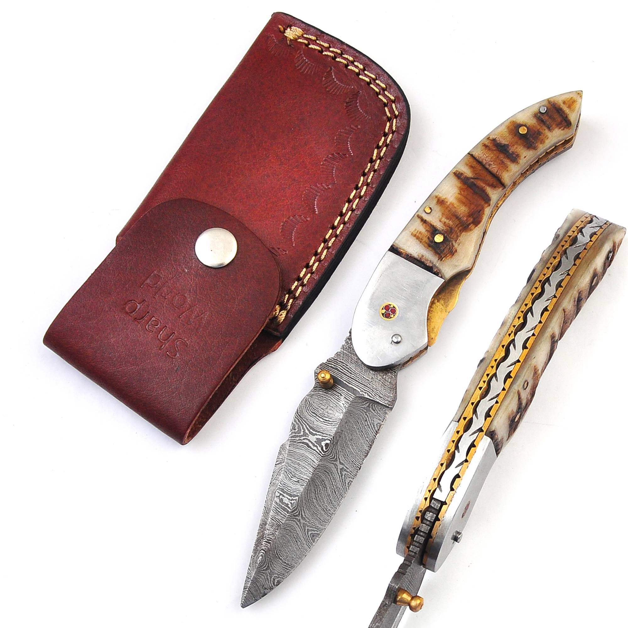 SharpWorld Custom Damascus Pocket Knife Ideal For Camping w/Leather Sheath TJ123