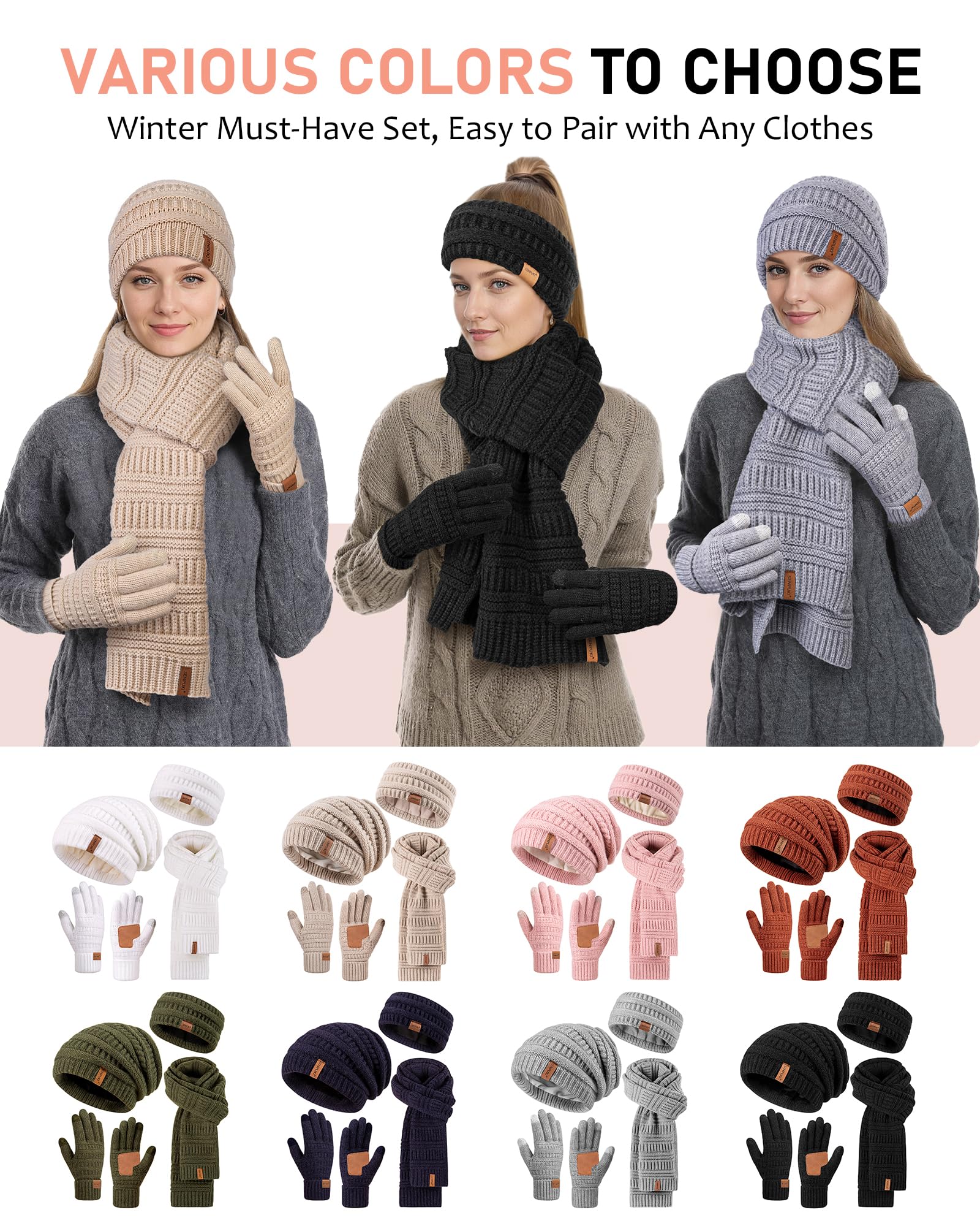 Womens Winter Beanie Hat Scarf Gloves Headband Set, Slouchy Beanie Ear Warmer with Fleece Lined Thick Knit Neck Scarf Touchscreen Gloves, 4 Piece Fashionable Warm Gift Set for Cold Weather(Oatmeal)