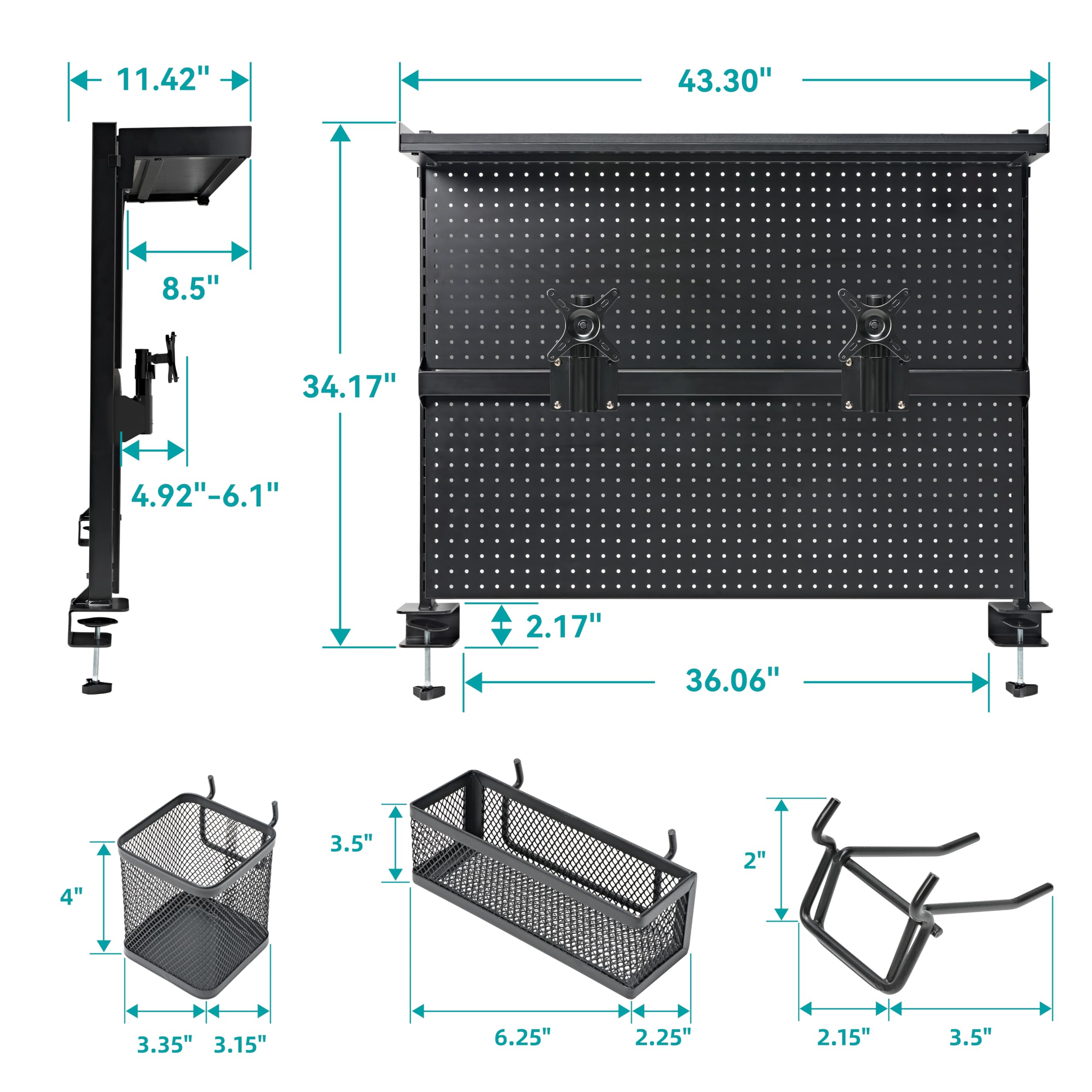 EUREKA ERGONOMIC Pegboard with Dual Monitor Stand,Steel Pegboard for Desk,Computer Accessories for Office, Privacy Panel for Gaming Desk, 4 Accessories Modular Hanging,43 x 34inch, Black