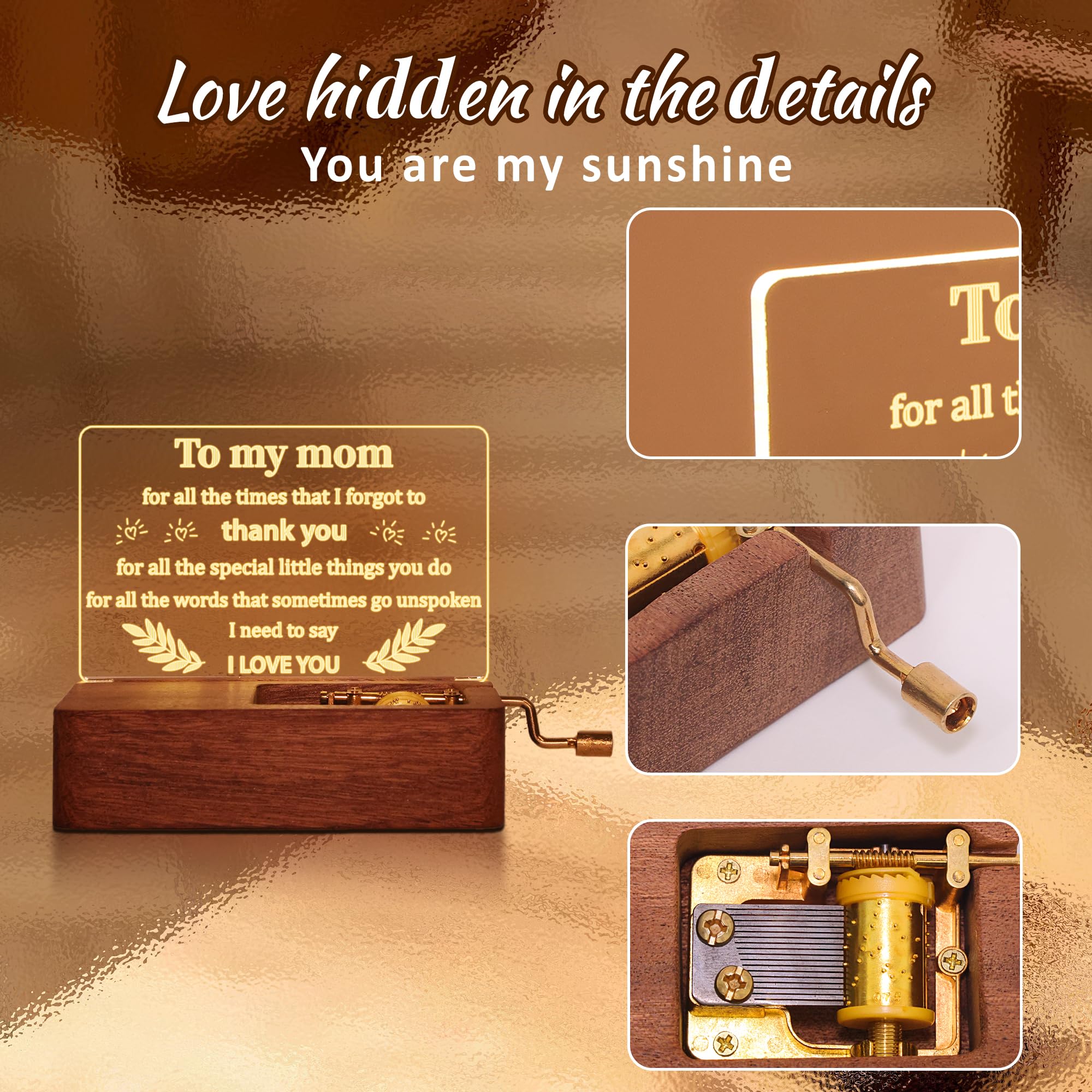 OkiyiD Gifts for Mom, Mom Birthday Gifts from Daughter Son, You are My Sunshine Music Box Hand Crank Engraved - Lighting Musical Box Idea