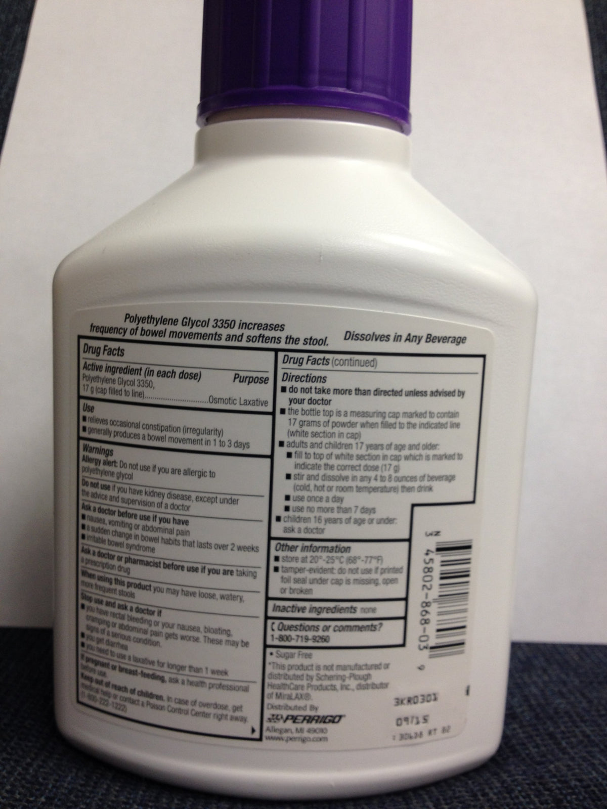 Perrigo Polyethylene Glycol 3350 17.9 Oz (510gm) Powder (Compare to Miralax)