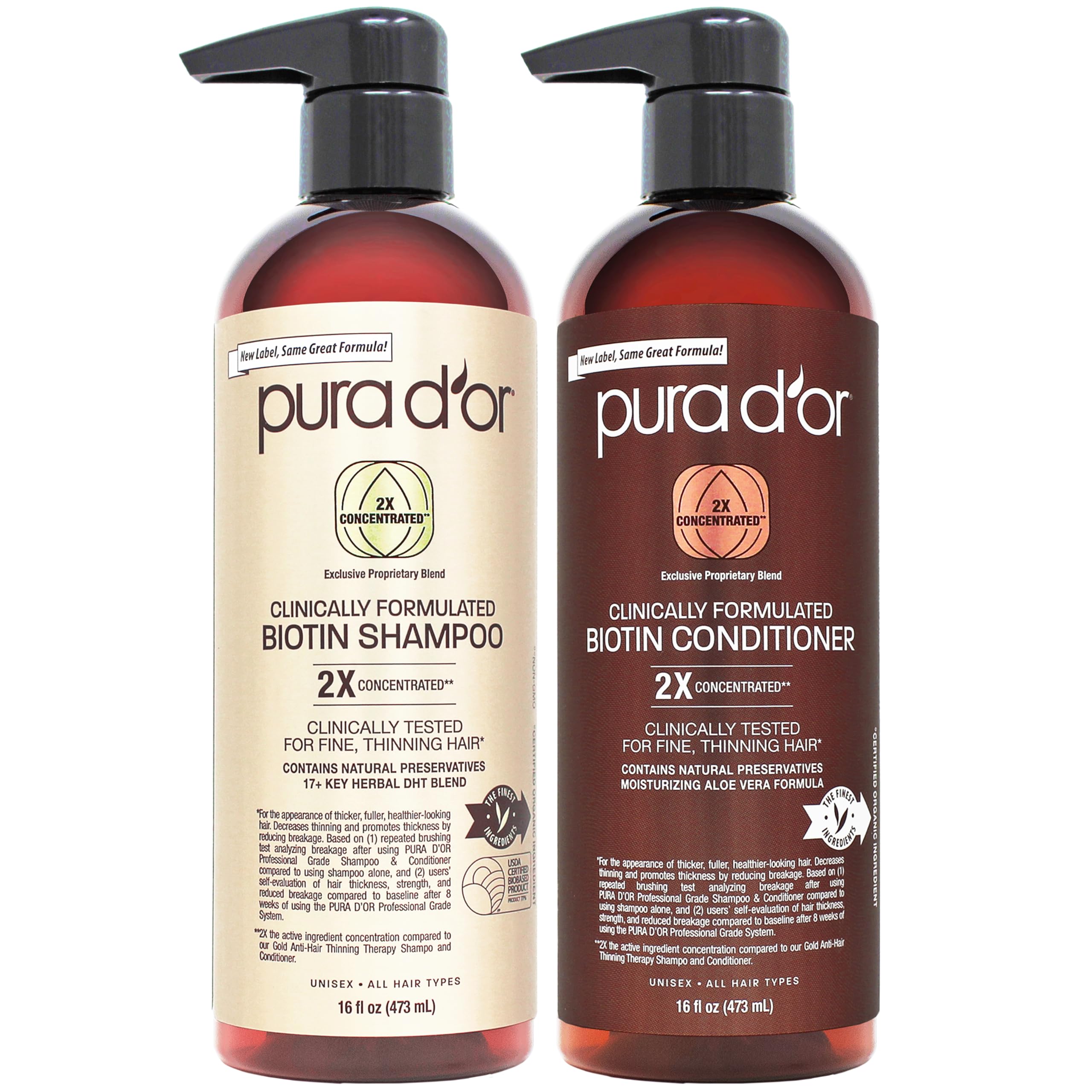 PURA D'OR Professional Grade Clinically Formulated Biotin Shampoo & Conditioner For Hair Thinning - 2X Concentrated DHT Blocker Thickening Products For Women & Men, Sulfate Free, 16oz x2