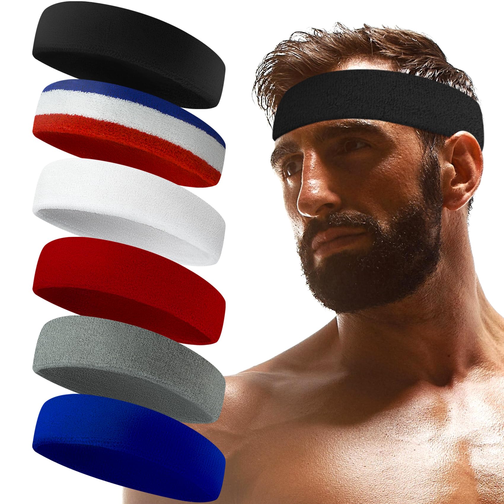 Sweatbands Sports Headband for Men & Women - Terry Cloth Moisture-Wicking Sports Towel Headband for Tennis, Basketball, Running, Gym, and Fitness Working Out