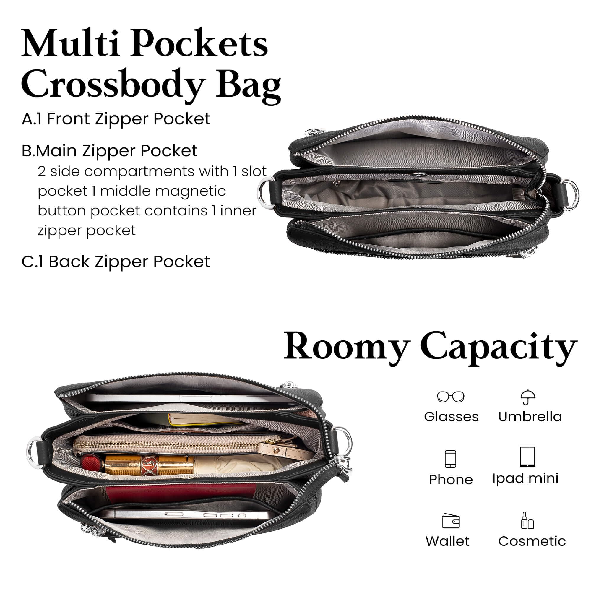 befen Black Genuine Leather Small Crossbody Hobo Purses for Women, Ladies Shoulder Bags Handbags with 2 Shoulder Straps